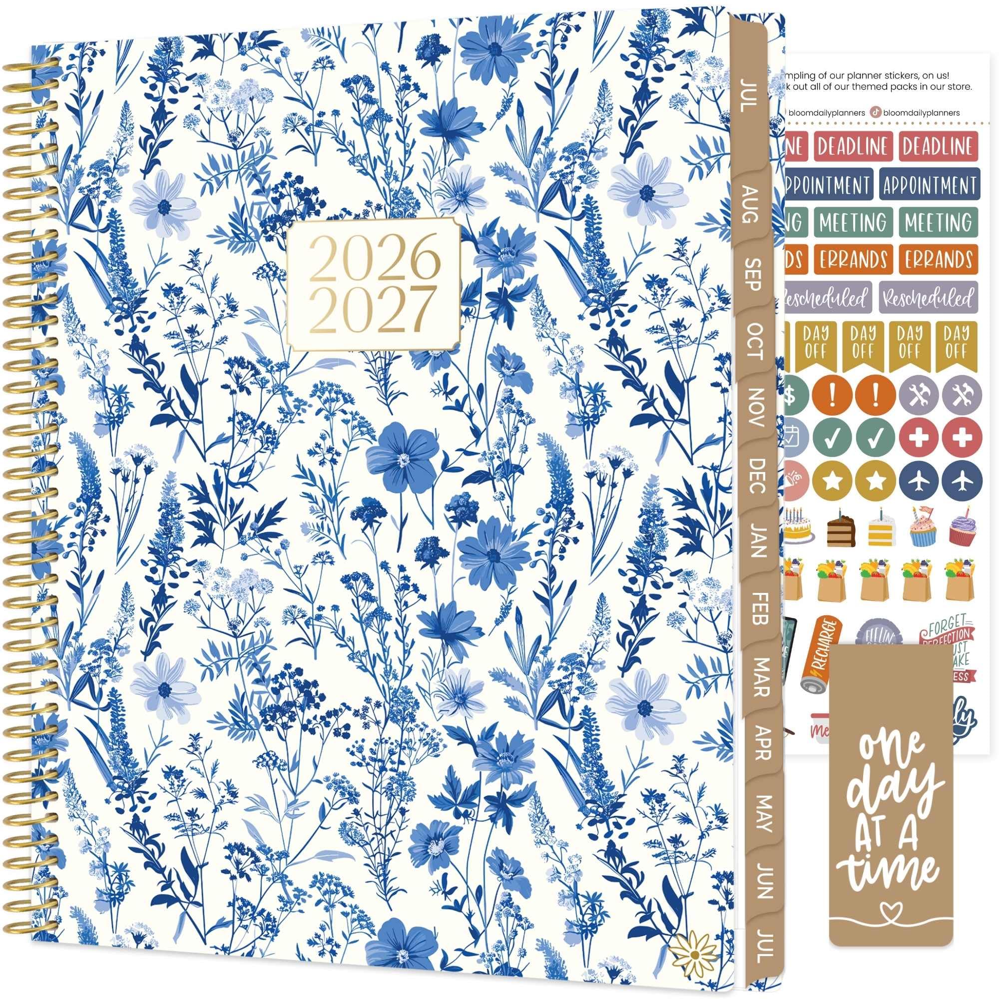 bloom daily planners 2026-2027 (8.5" x 11") Academic Year Day Planner (July 2026 - July 2027) - Weekly & Monthly Dated Agenda Organizer with Stickers & Tabs - Blue & White Floral
