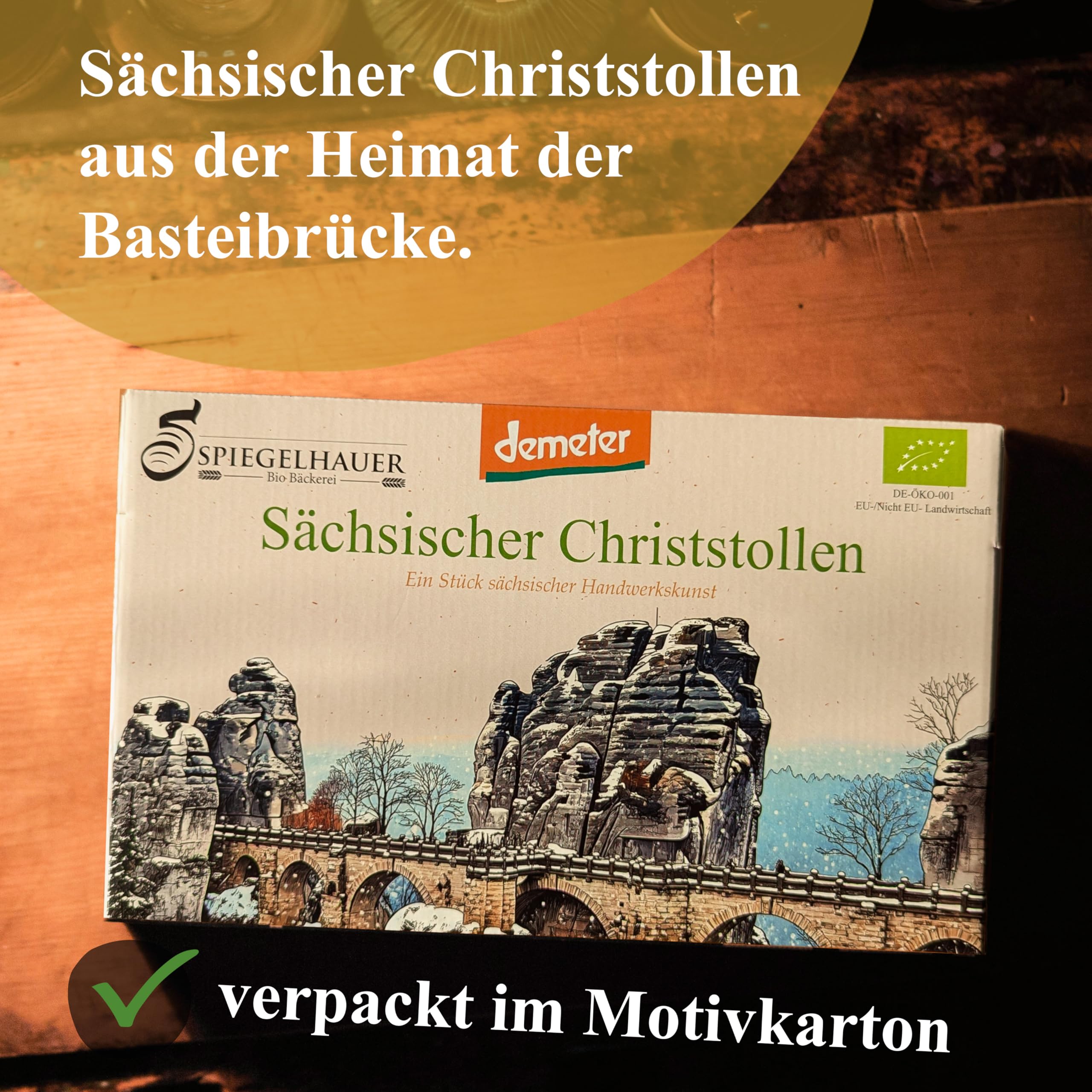 Bäckerei Spiegelhauer Demeter Christstollen Bio Stollen 1 kg aus Sachsen Stollen im Präsentkarton ohne Palmöl Stolle