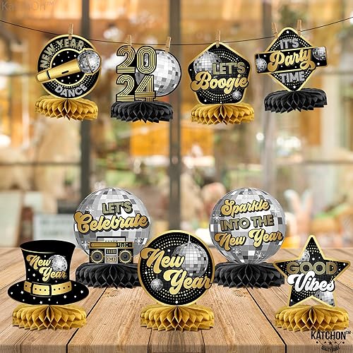 Miniatura 7 de KatchOn, Decoraciones de centros de mesa de nido de abeja de Año Nuevo, paquete de 9, centros de mesa NYE  Centro de mesa de año nuevo disco 3D para