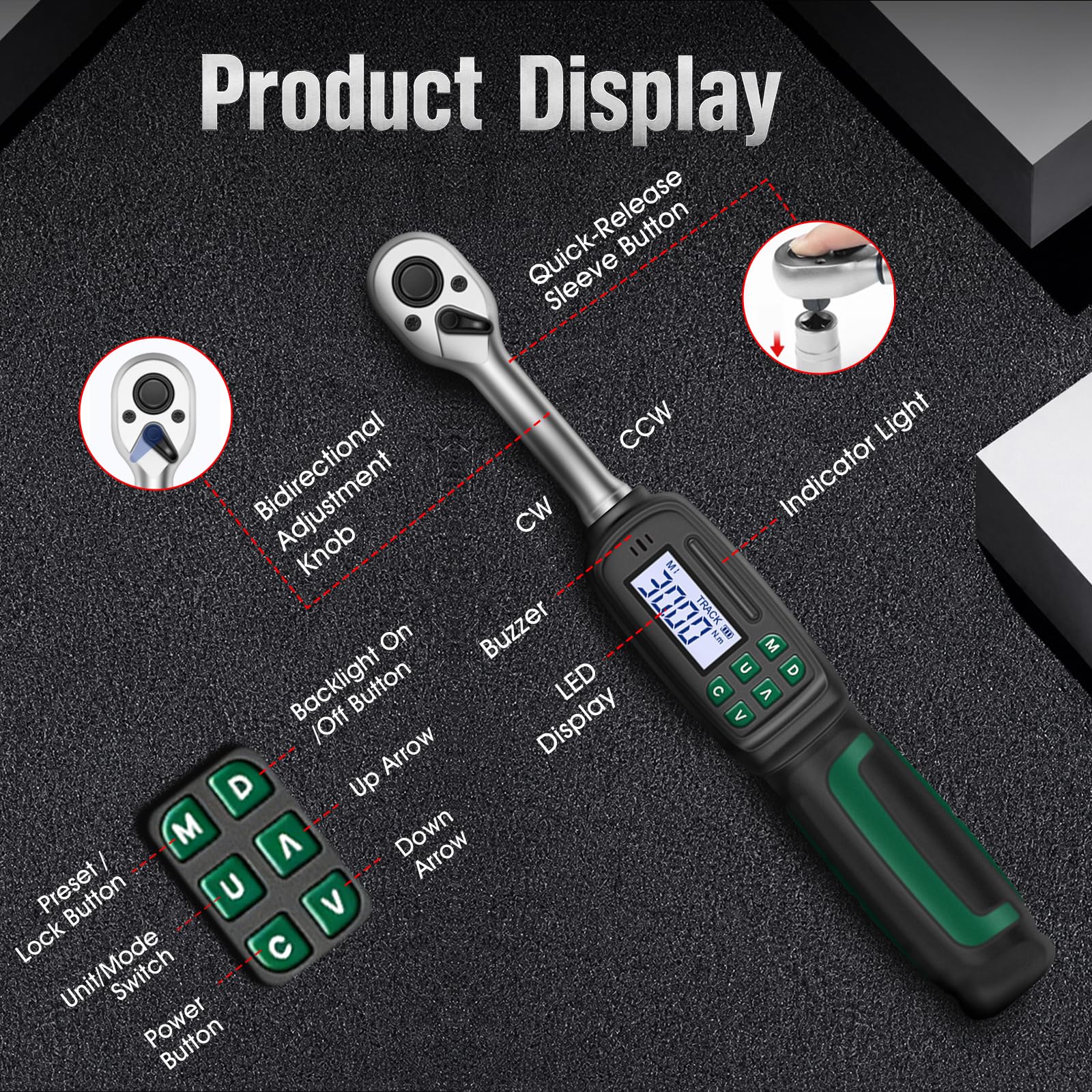 Llave dinamométrica electrónica 1,8 – 60 Nm, precisión ± 2%, 1/2 pulgadas