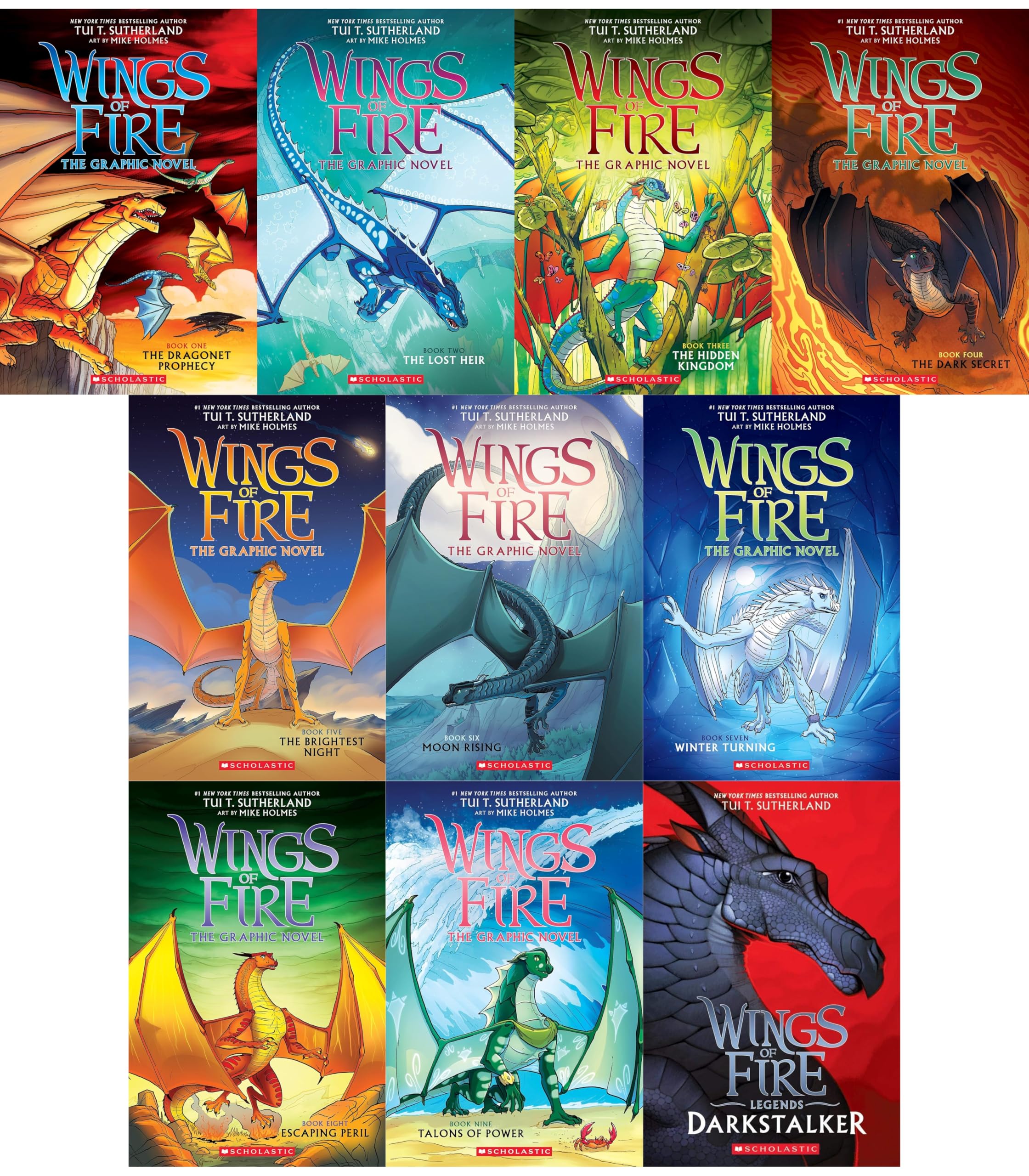 Wings of Fire Graphic Series 10 Books Collection Set (Books 1-9 + Darkstalker) Dragonet Prophecy, Lost Heir, Hidden Kingdom, Dark Secret, Brightest ... Peril, Talons Of Power and Darkstalker