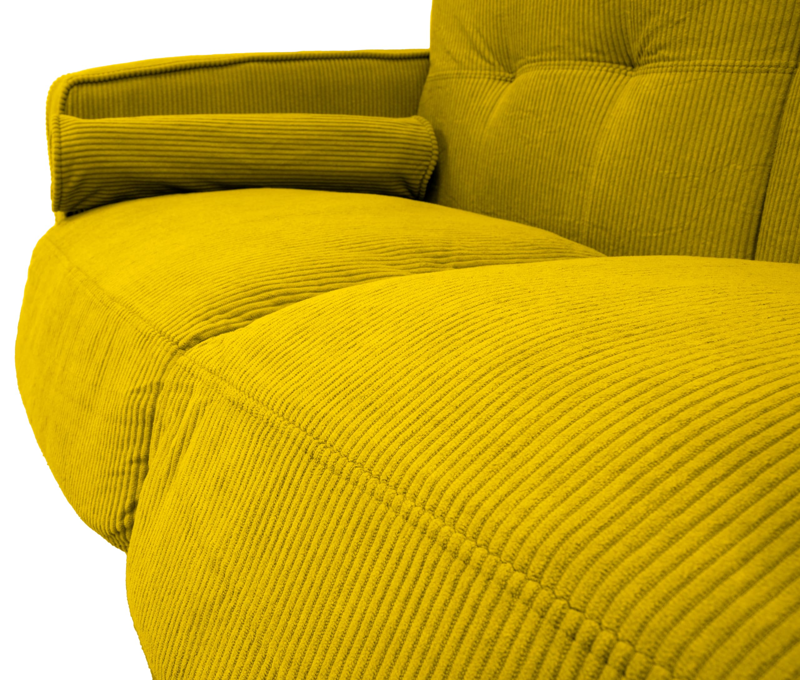 Divano fisso 2 posti Joy in velluto a coste – Struttura in legno, gambe in rubberwood, cuscini sfoderabili + 2 extra cuscini – Tessuto vellutino in poliestere – Colore Giallo Senape