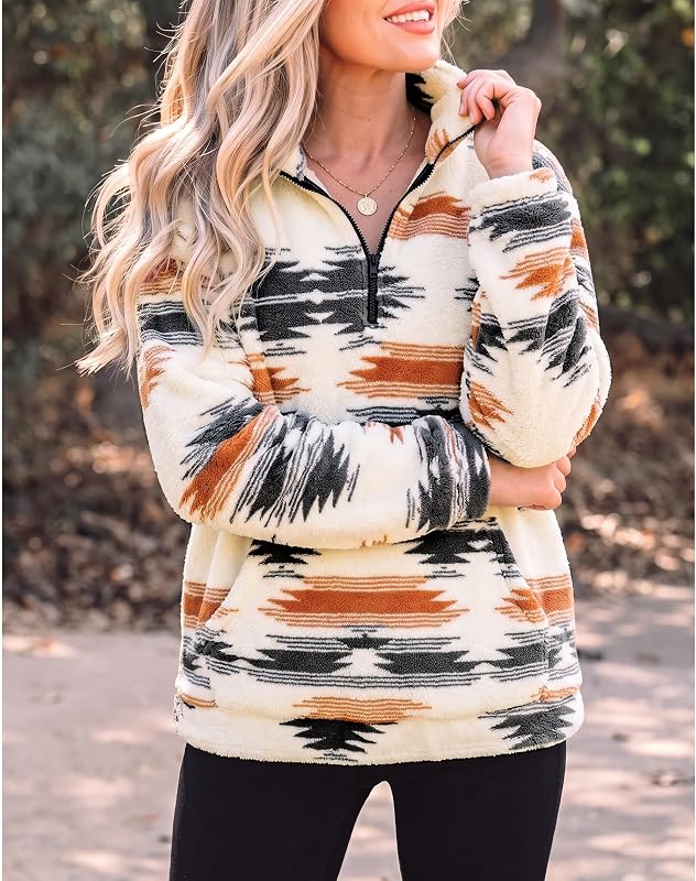 LUKYCILD Aztec Sweatshirt for Women Western Half Zip Sherpa Fleece Hoodies image 3