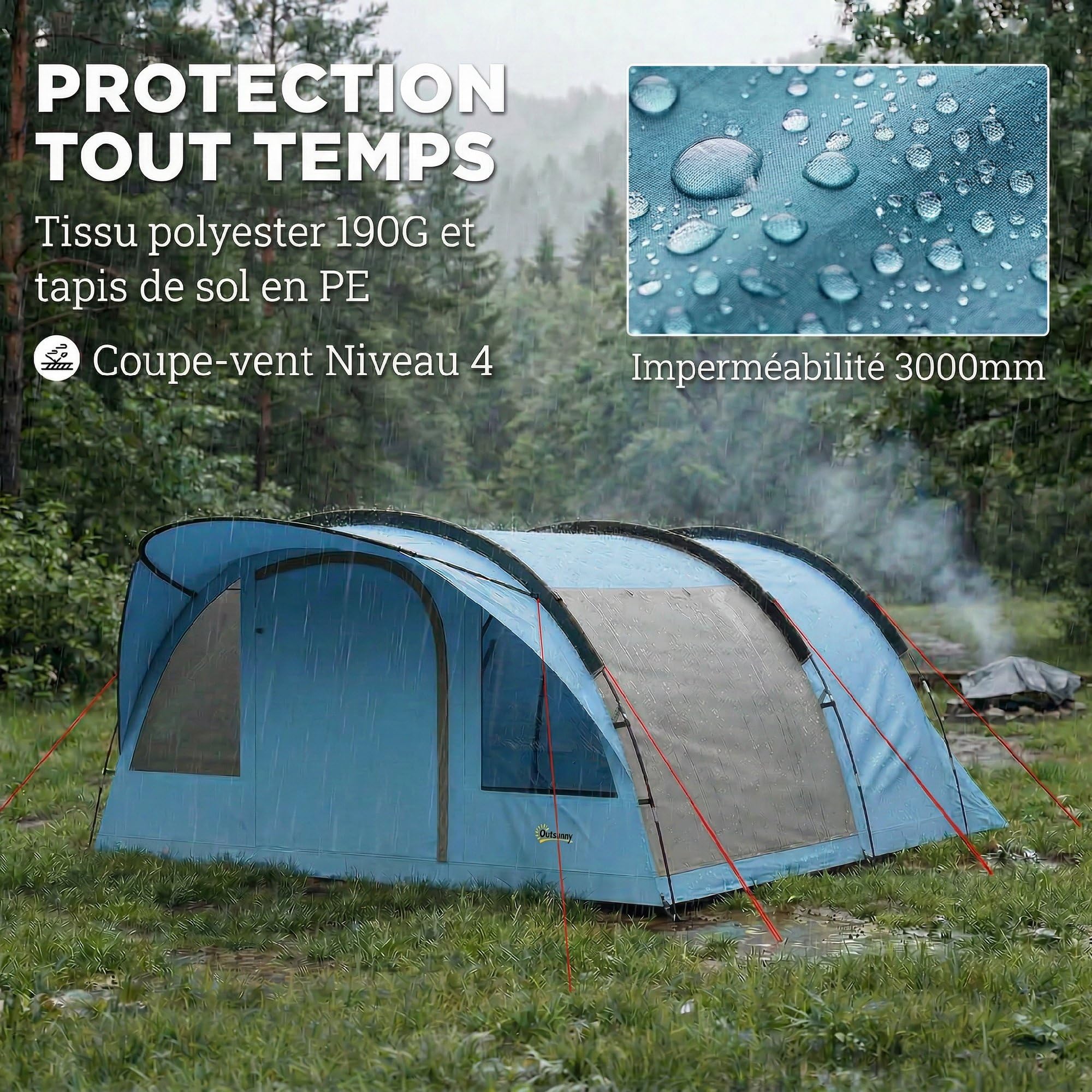 Outsunny Grande Tente Tunnel Camping 4 Personnes 3-4 Saisons Bleu Gris | Hauteur d'Homme 2 m, Séjour XL 3,7 m, Imperméable 3000mm, Tapis De Sol Cousu, 4 Portes, 6 Fenêtres