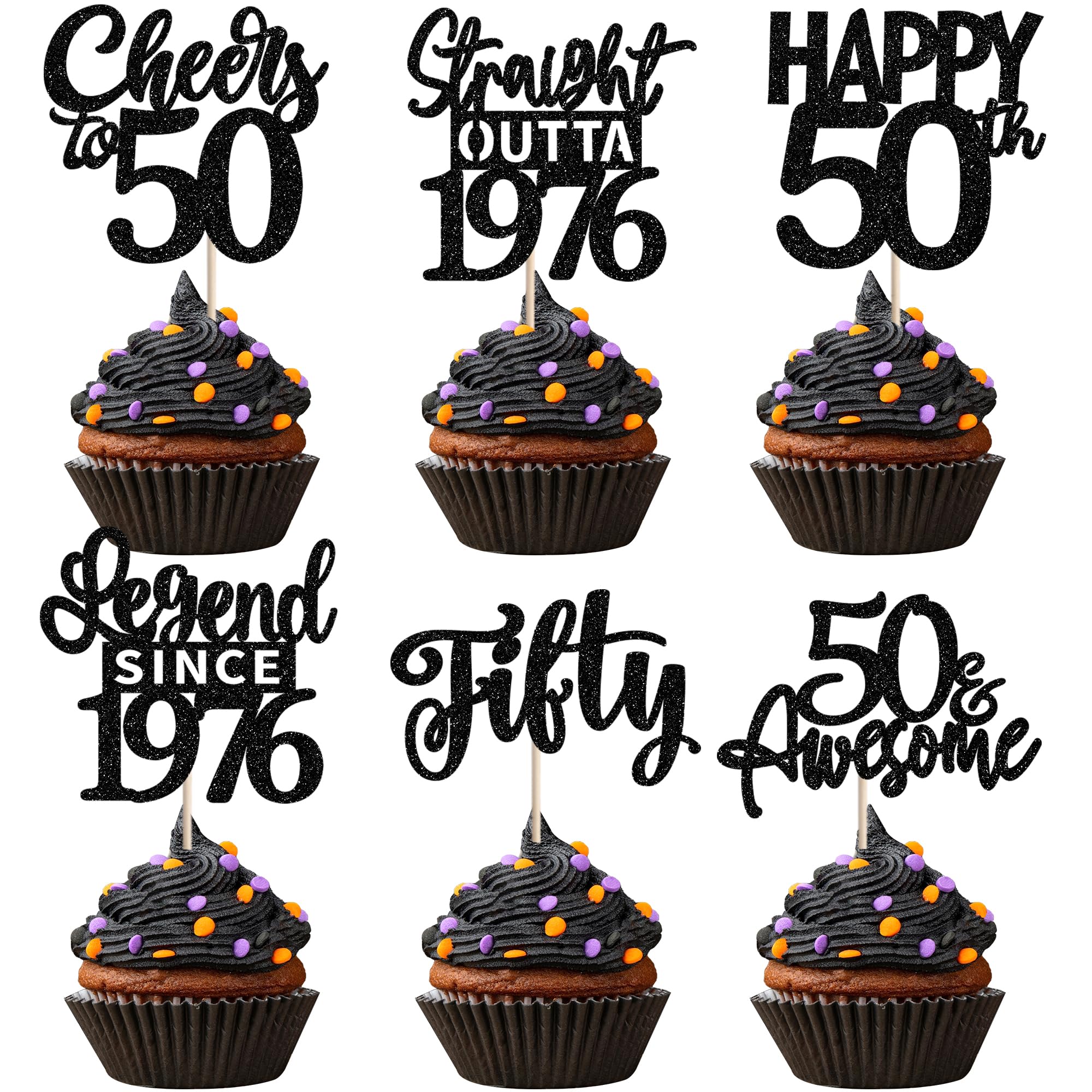 24PCS Black Happy 50th Birthday Cupcake Toppers Fifty Straight Outta 1976 Cupcake Picks Cheers to 50 Lengend Since 1976 Cake Decorations for 50th