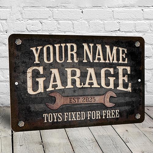 Miniatura 5 de Letrero de metal personalizado para garaje, nombre personalizado y fecha de estado, decoración de pared de aluminio retro, (8 x 12 pulgadas)
