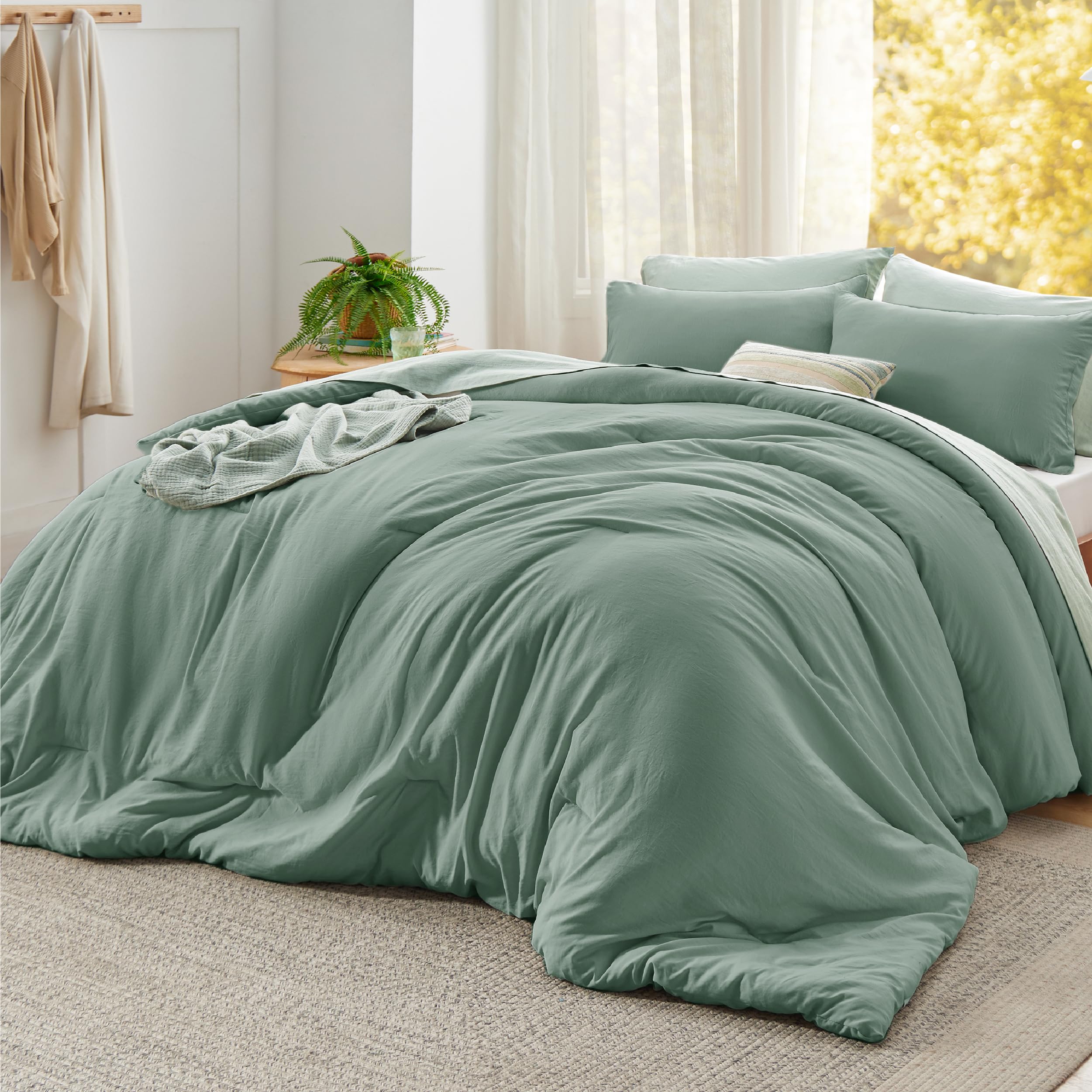 Bedsure Super King Plus Comforter Set, Sage Green Soft Prewashed Bedding for All Seasons, 3 Pieces GentleSoft™ Bed Set, 1 Lightweight Comforter (128"x120") and 2 Pillowcases (20"x36")