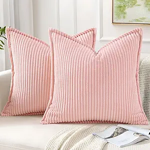 Mecatny Corduroy Throw Pillow Covers 18x18 Set of 2, Neutral Decorative Soft Boho Couch Pillow Covers with Broadside for Sofa Living Room, Pink