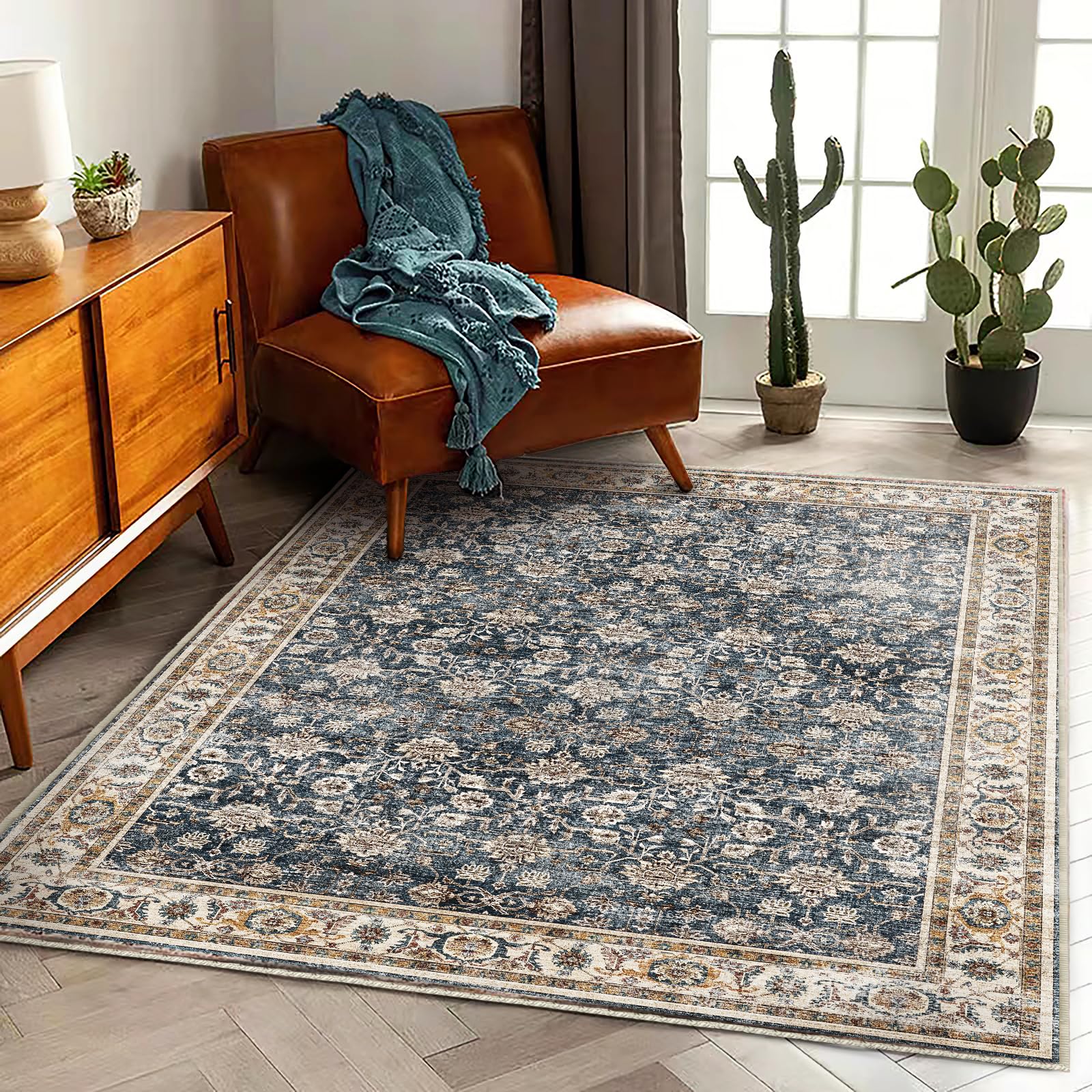 CHAMPLANT Washable Area Rug 4'x6' Vintage Traditional Floor Cover Foldable Thin Rugs Retro Kitchen Indoor Distressed Non Slip Carpet Floral Print Mat Bedroom Living Room โ image 1