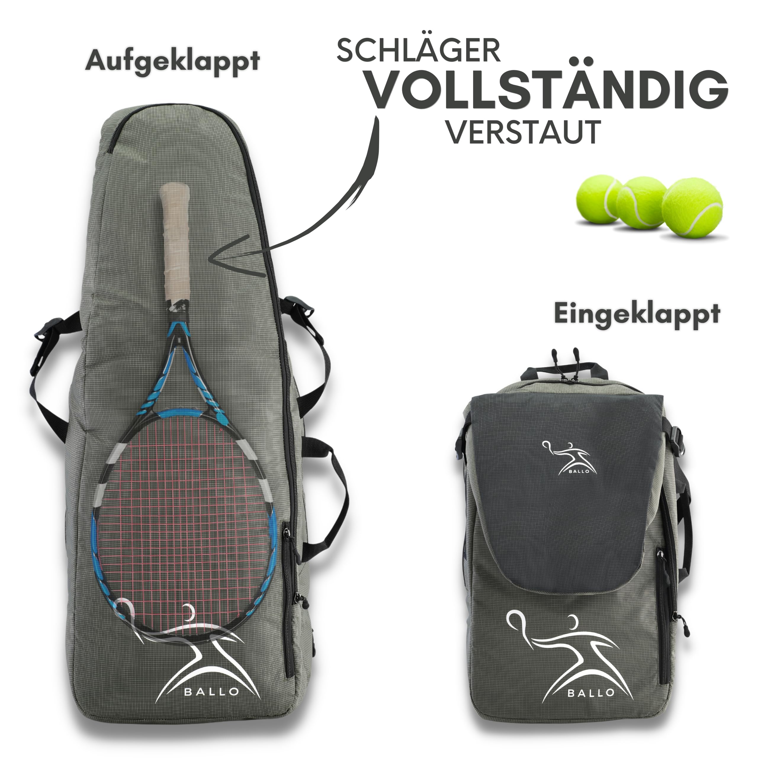 BALLO® Tennisrucksack Tennistasche [NEUHEIT] Schlägertasche Rucksack Tasche Tennis Badminton | Damen Herren mit Schuhfach & geschlossenem Schläger Fach