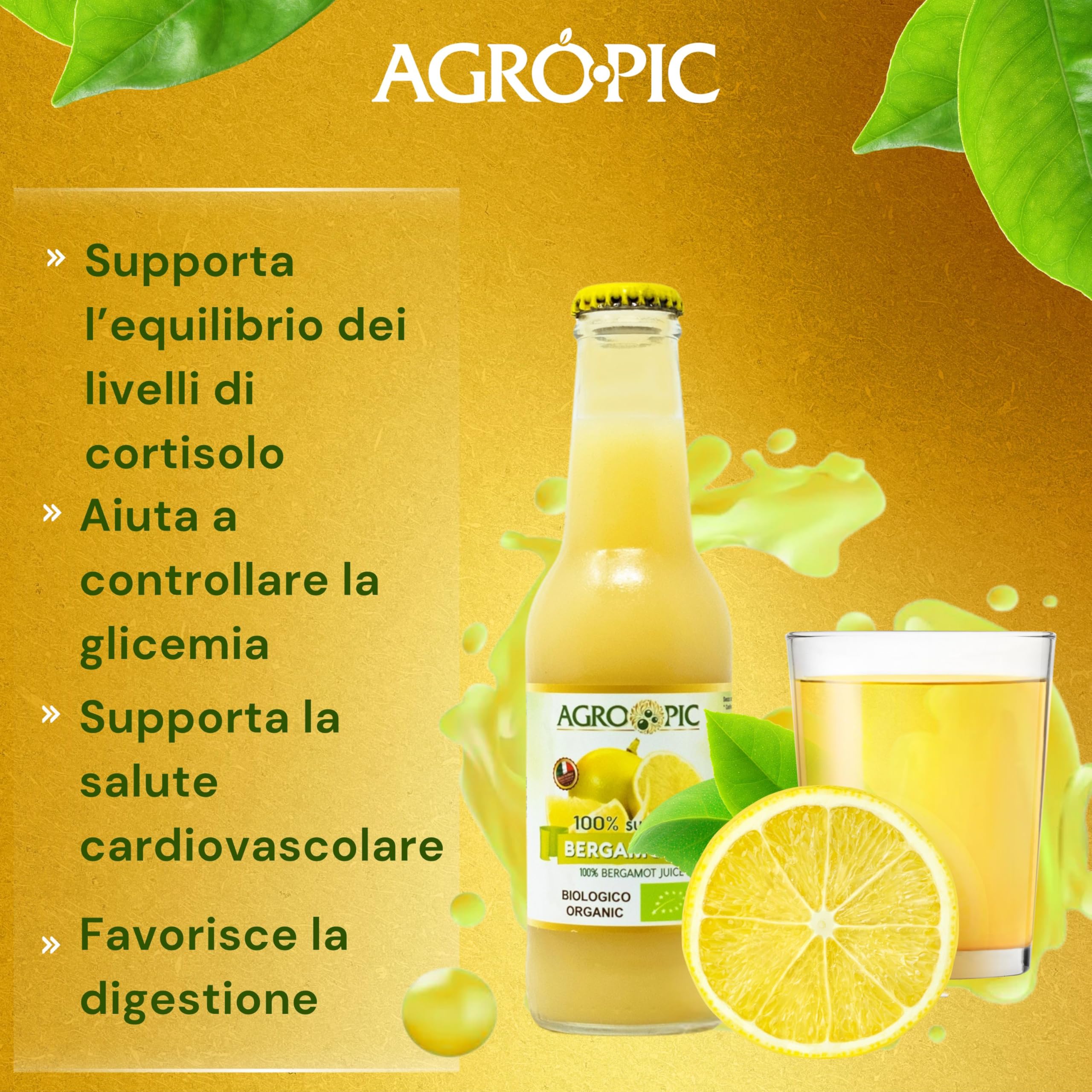 Agropic Succo di Bergamotto Puro Bio, 200 ml, Bergamotto Succo Puro Biologico, 12 bottiglie, Senza Zuccheri Aggiunti e Conservanti, Realizzato in Calabria