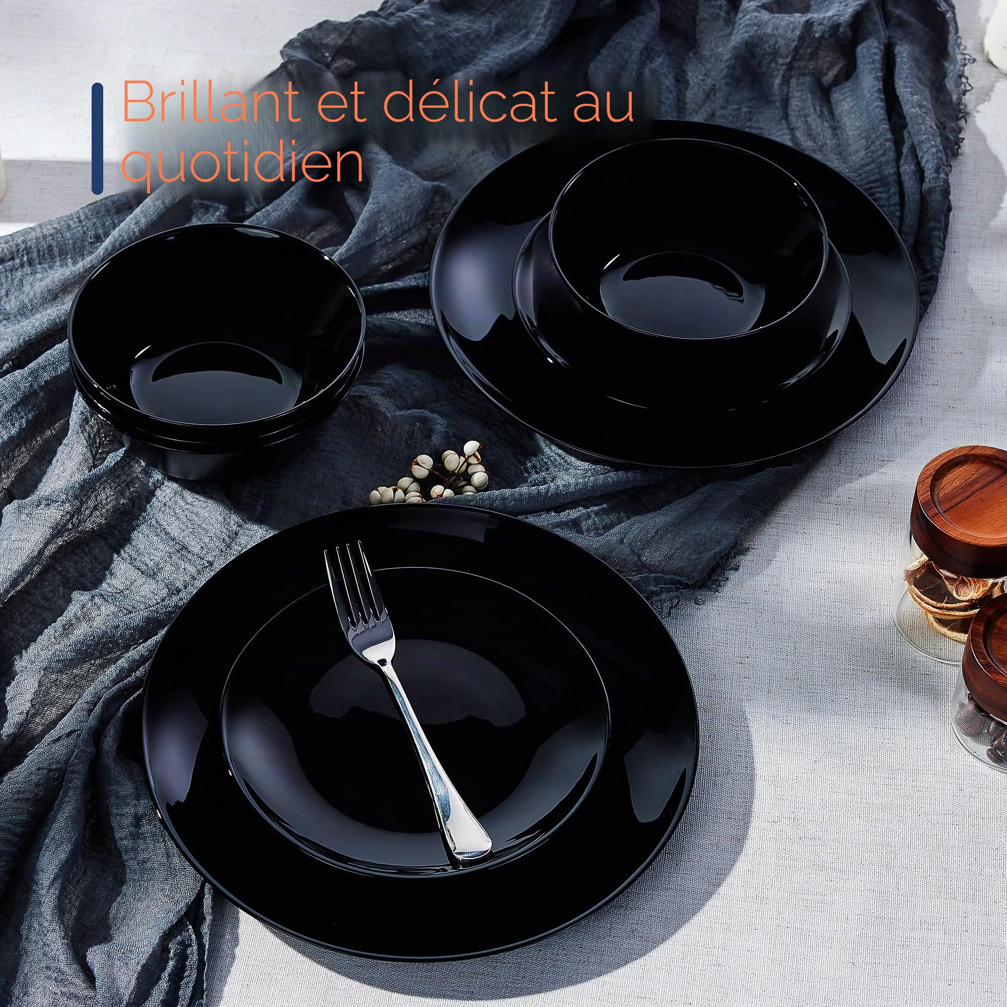 LaGlint Service de table pour 6 personnes, 18 pièces - Assiettes et bols en verre opale, adapté au lave-vaisselle et micro-ondes, résistant aux chocs et éraflures, noir