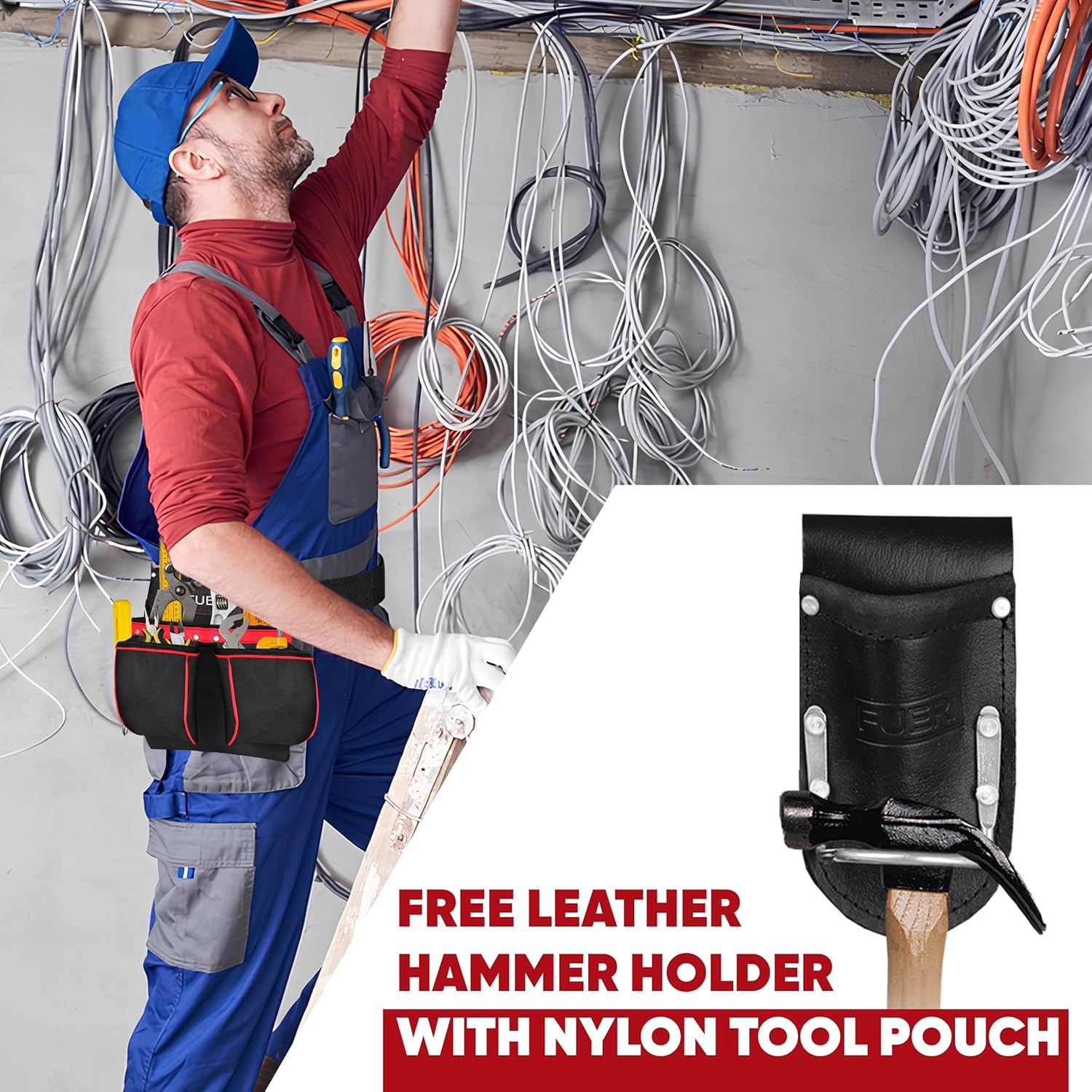 FUERI Cordura Tool Pouch with Belt Clip Hammer Hoslters 11 Pocket Pouches for Tool Belt Construction Carpenters Electrician Men Women Workers