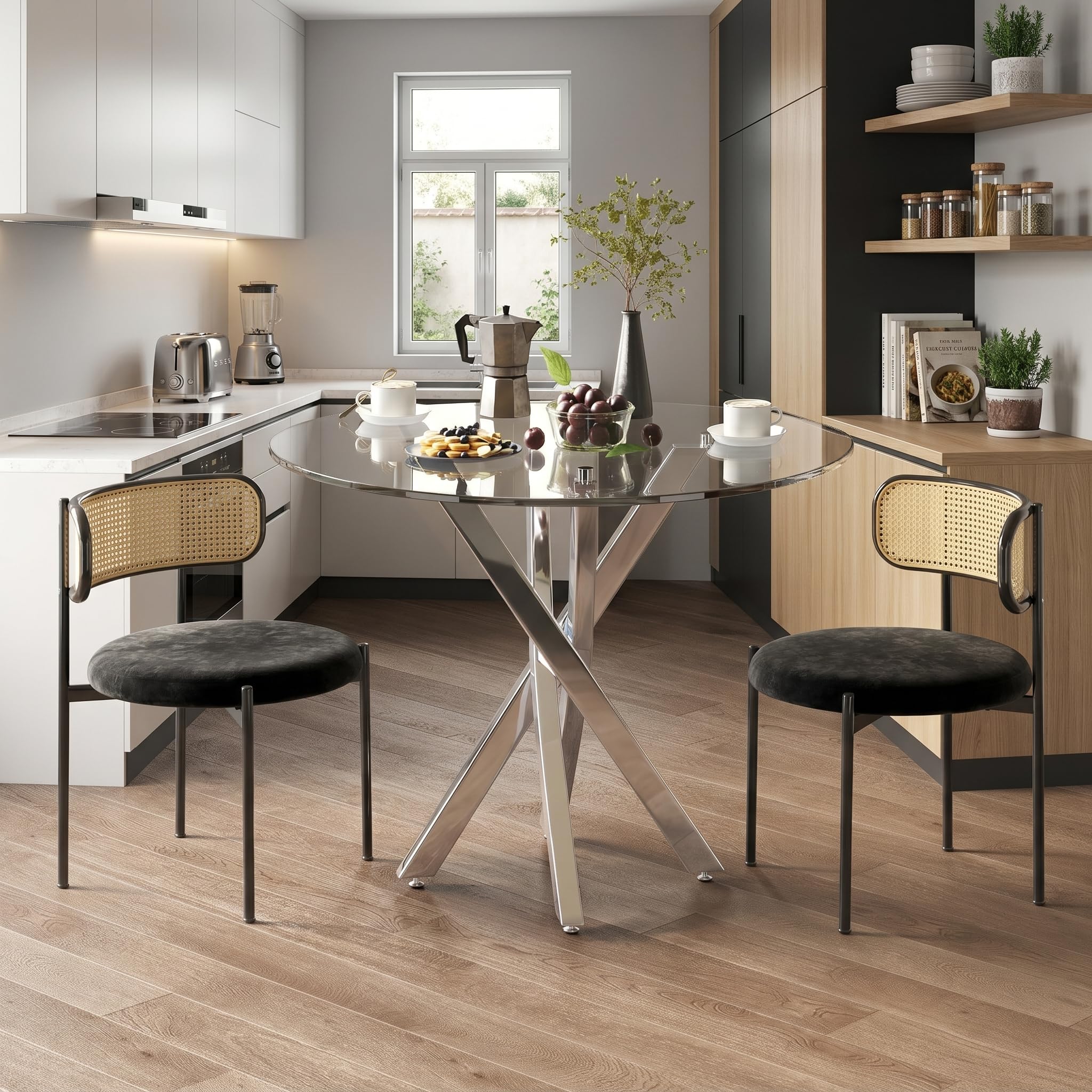 Mesa de comedor redonda de cristal de 80 cm, mesa transparente con patas de metal, mesa de comedor, cristal templado, mesa redonda para el hogar, comedor, sala de estar (redonda plateada)