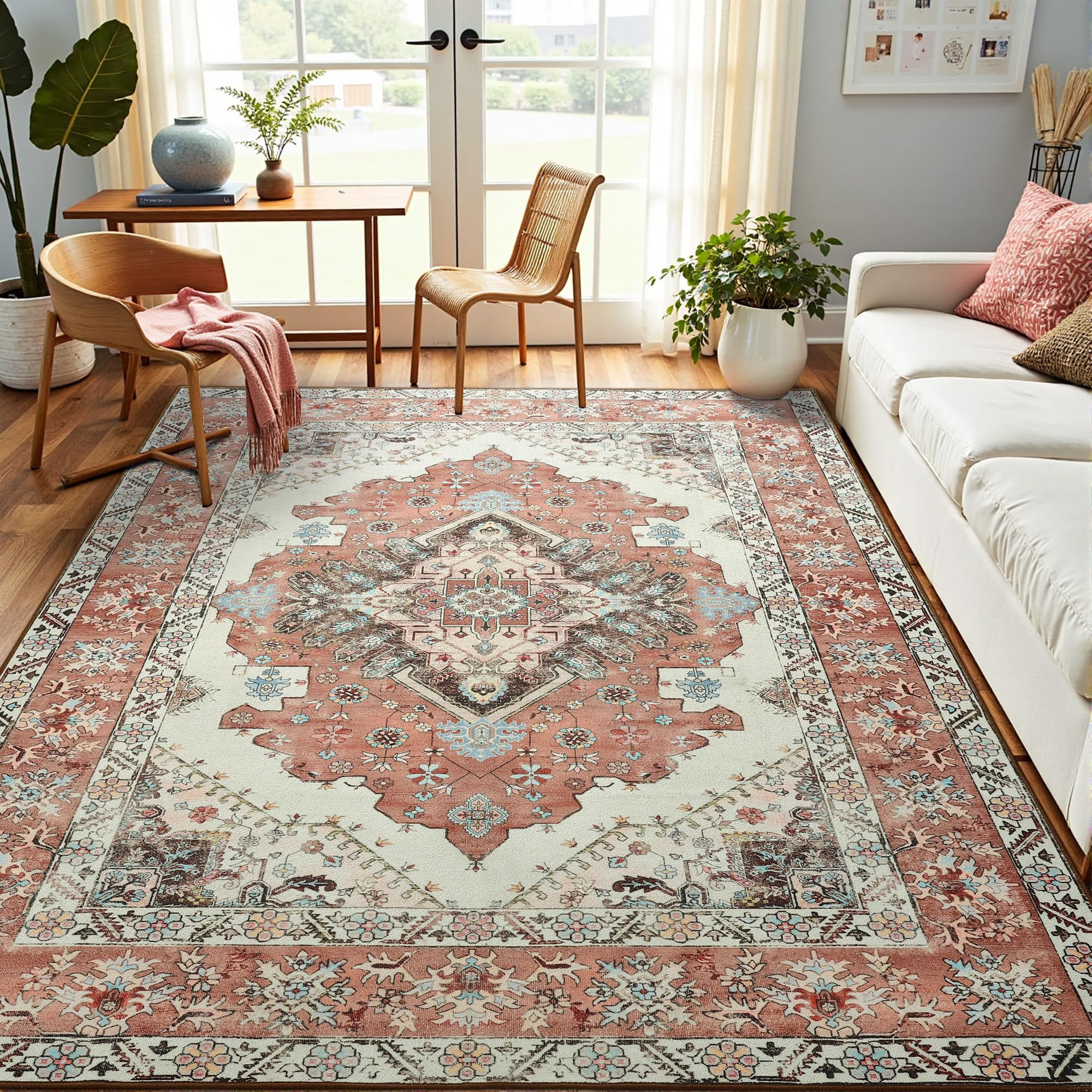 Runder Teppich Ø160cm Vintage Blumenmuster - Kurzflor Mit Rutschfester Unterseite