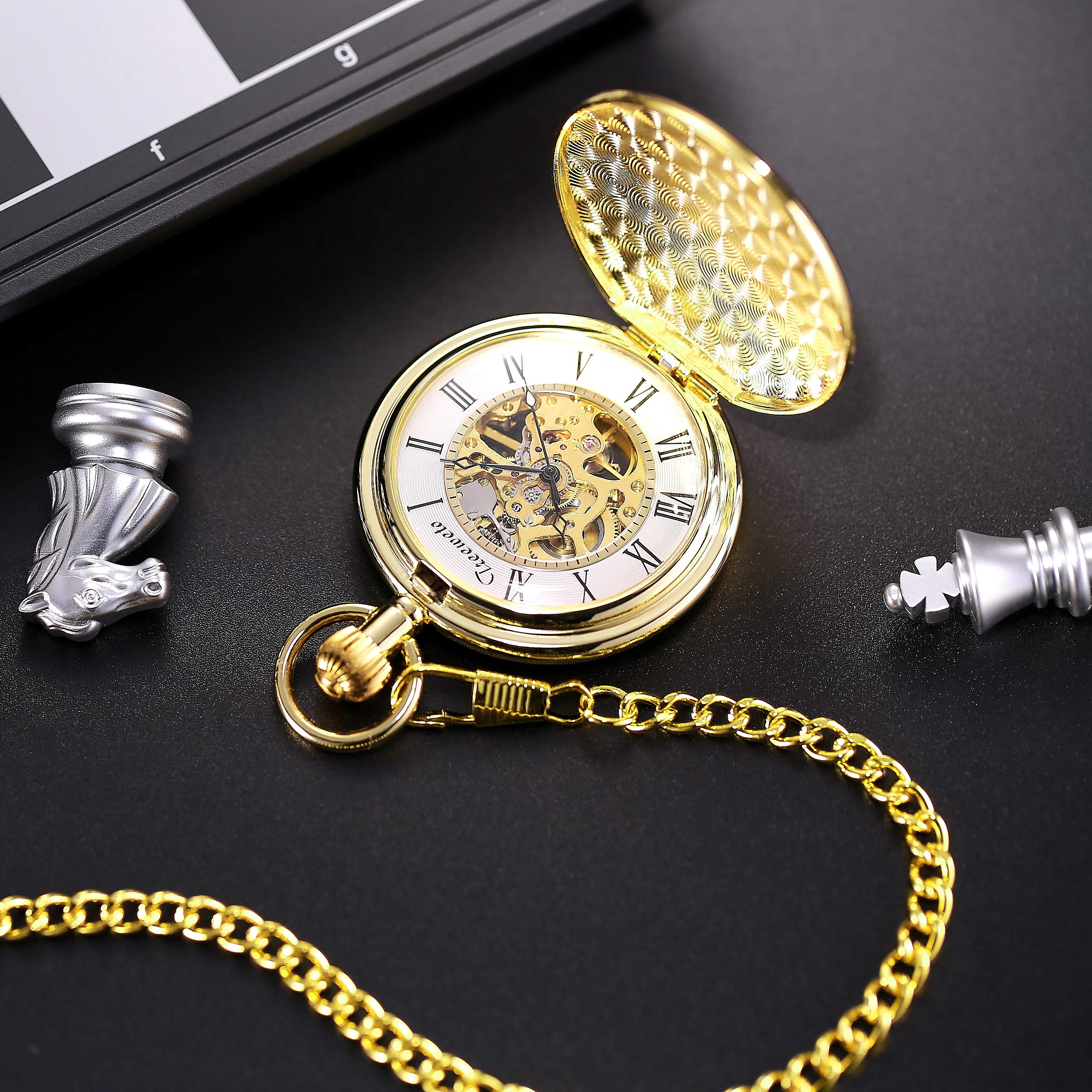 TREEWETO Reloj de bolsillo plateado/dorado con esfera de esqueleto y movimiento mecánico con cadena + caja de regalo