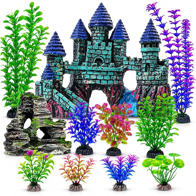 Kit de Decoração para Aquário Mechpia com Castelo, Gruta, Rocharia e Plantas Artificiais de Resina, 13 Peças