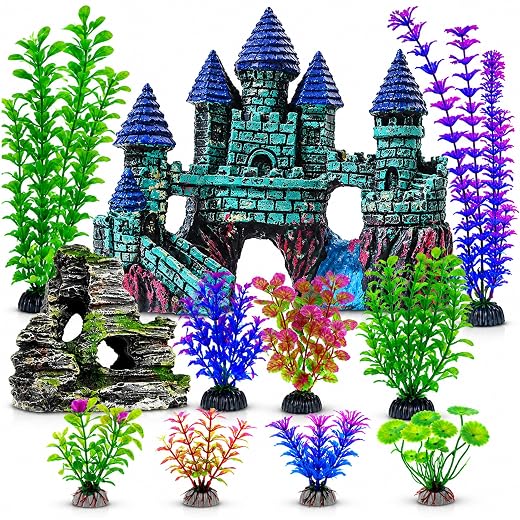 Mechpia 13 Pieces Aquarium Decorations Kit, Fish Tank Decorations Set Small Resin Castle and Rockery Betta Fish Cave Hideout Coral Artificial Plastic Plants Ornament Accessories