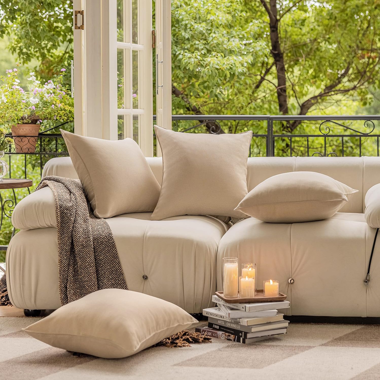 Demetex Outdoor Throw Pillows 18x18 Waterproof Square Pillow Covers Decorative Pillowcase for Patio Couch Bedroom, Set of 4, 18 x 18 Inch, Beige