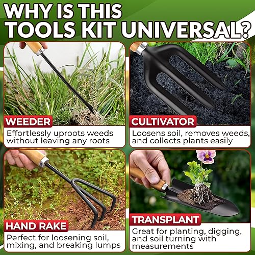 Miniatura 6 de 10 herramientas manuales de jardinería - Juego de herramientas de jardinería todo en uno con bolsa de mano funcional, diseño ergonómico y acero