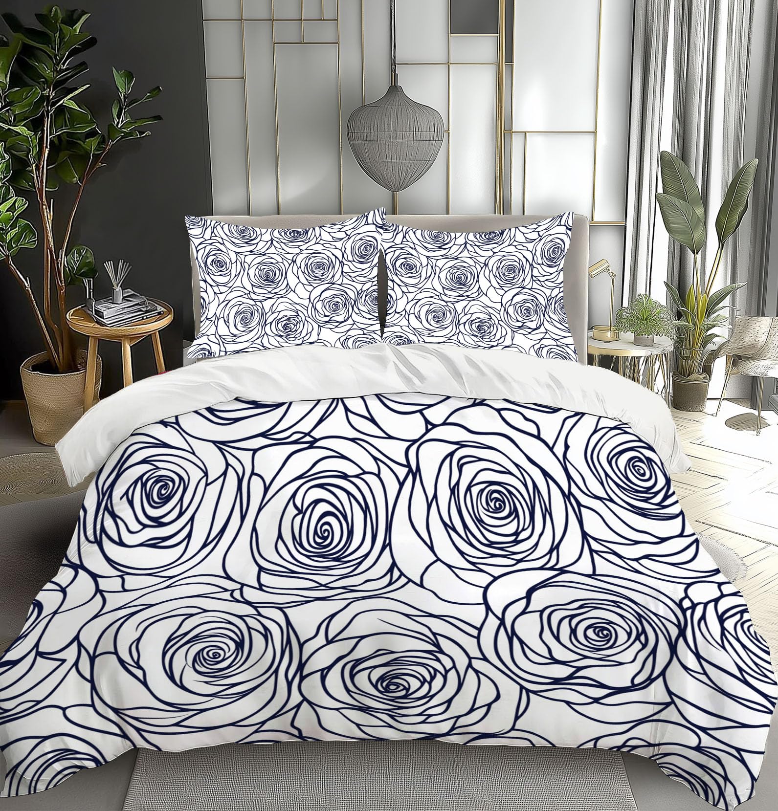 Juego de Funda Nórdica 150x220cm 3 Piezas para Cama, Rosa Contorno Microfibra de Poliéster Suave Transpirable Línea Arte, Incluido 1 Funda Edredón y 2 Fundas de Almohada, Azul Blanco