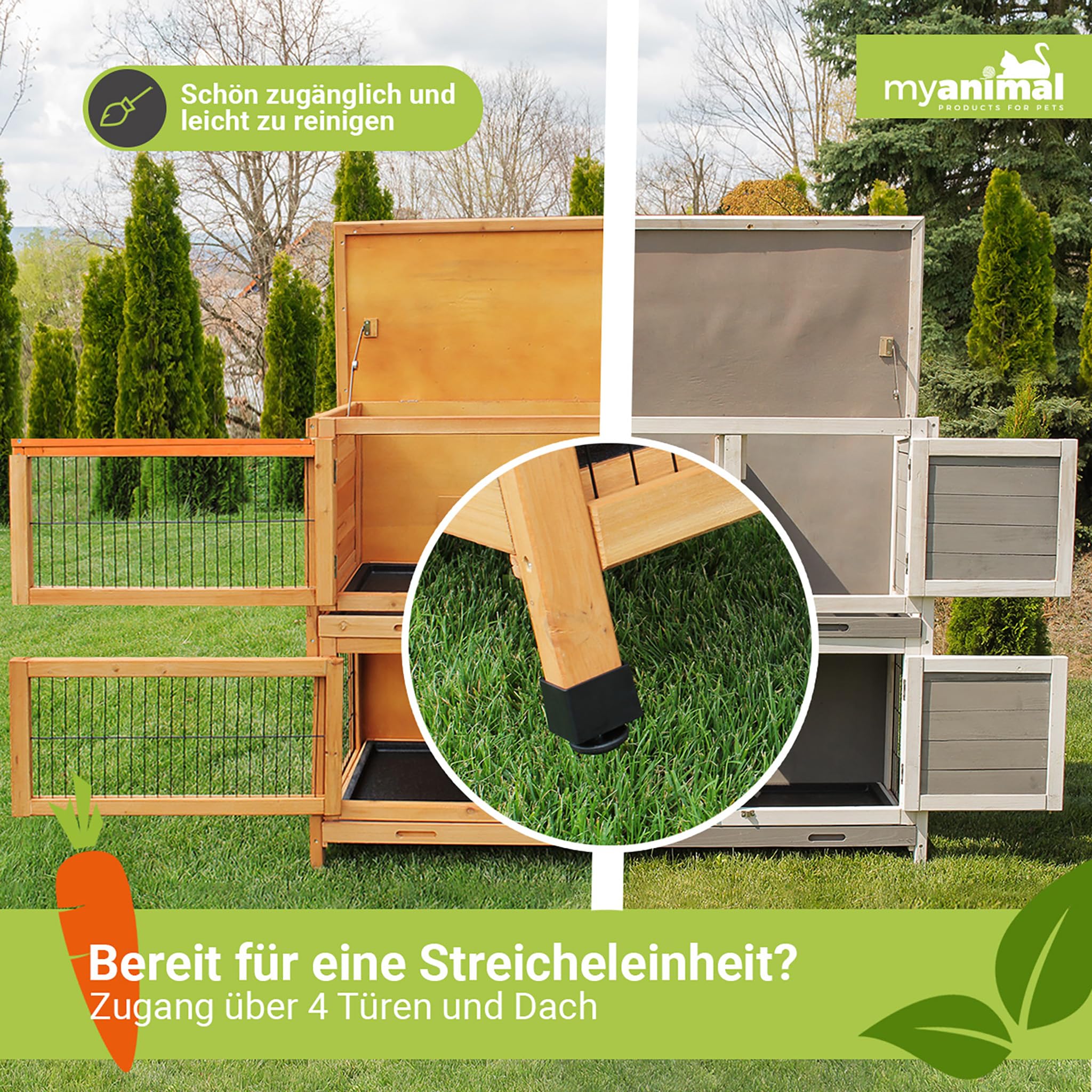 MyAnimal Hasenstall MH-20 | 120x51x105 cm - Kaninchenstall mit Freilaufgehege - Doppelstockhaus 2 Ebenen - Hasenkäfig - Holz imprägniert - Kaninchenkäfig Winterfest - Indoor & Outdoor (Braun)