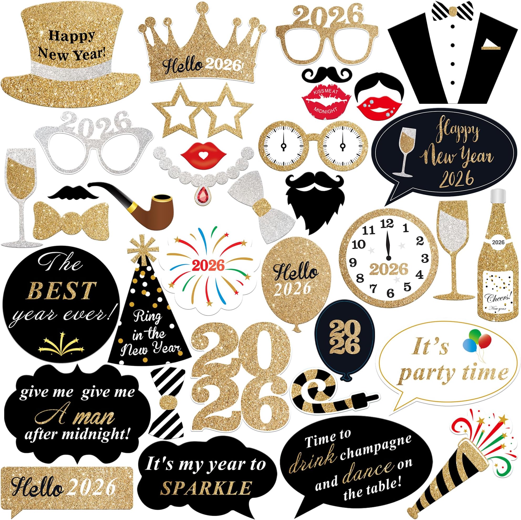 KatchOn Photo Booth Props for New Years Eve 2025 - Huge Pack of 35 | Happy New Years Decorations and Party Supplies