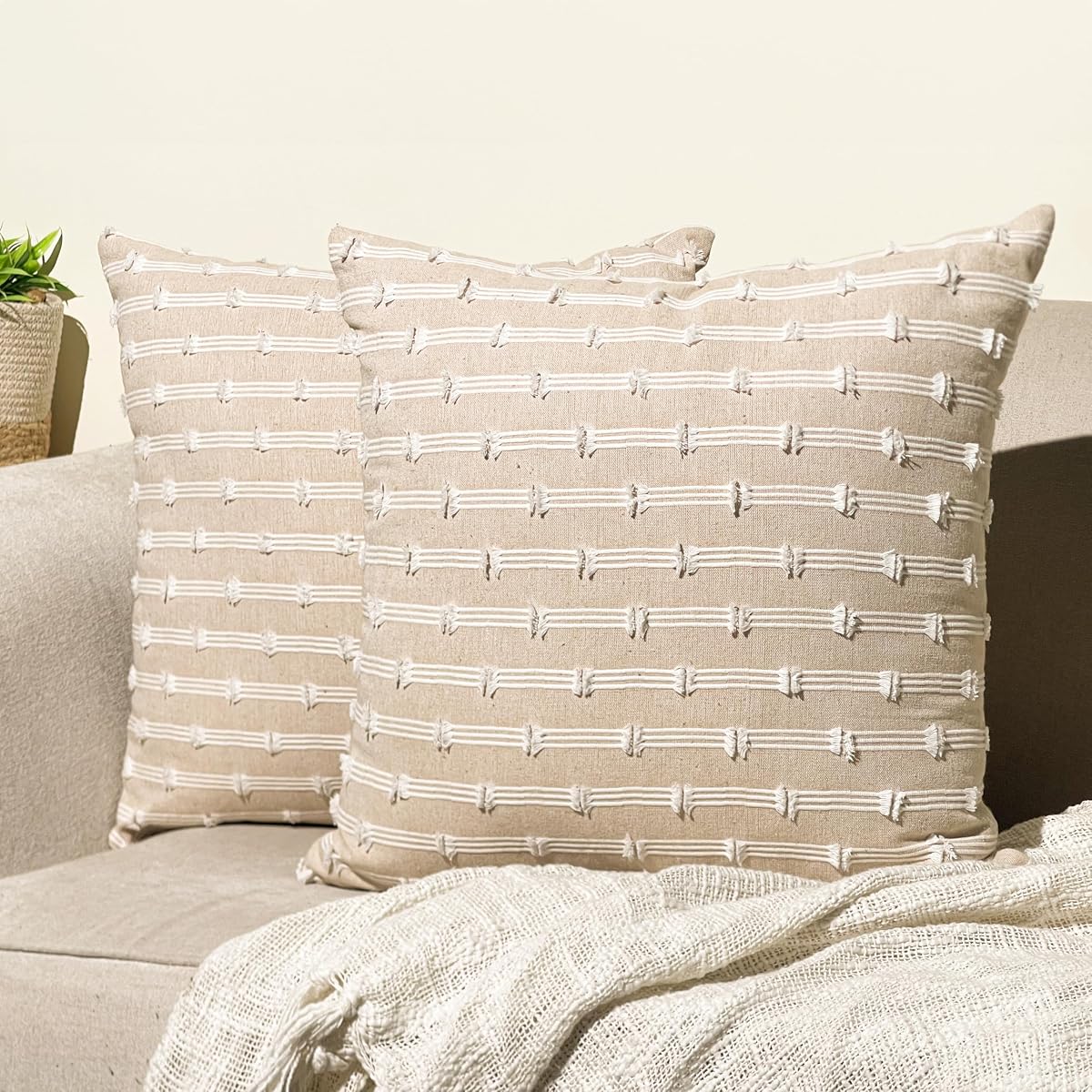 Gardenia Pillow Cover, Handwoven Decorative Throw Pillow (Set of 2). Soft Warm Cotton Woven Square Pillow Covers for Couch Sofa Bedroom, Size: 18”x18”, Color: Beige/White