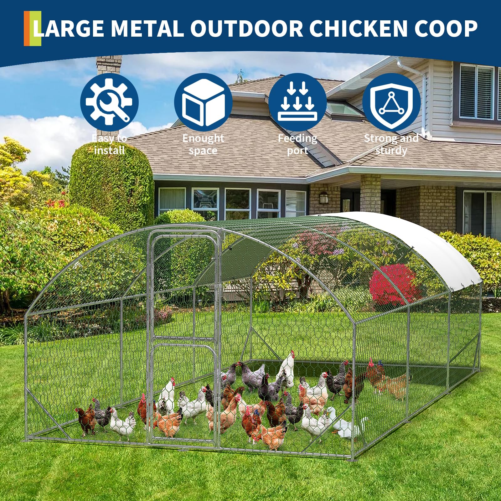 Gallinero de metal con paseo, jaula para aves de corral al aire libre con puertas dobles, cubierta resistente a la intemperie y a los rayos UV para pollos, patos, gansos, conejos, patio trasero o uso