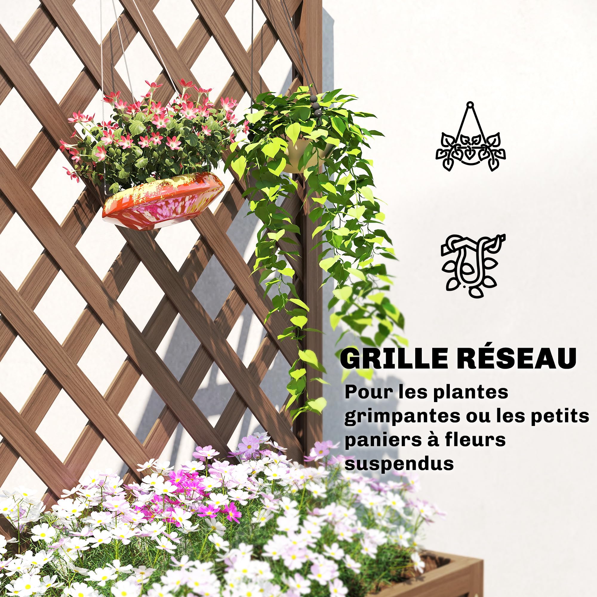 Outsunny Jardinière avec Treillis, Bac à Fleurs, Bois Massif, 70 x 28 x 117 cm, Café Foncé
