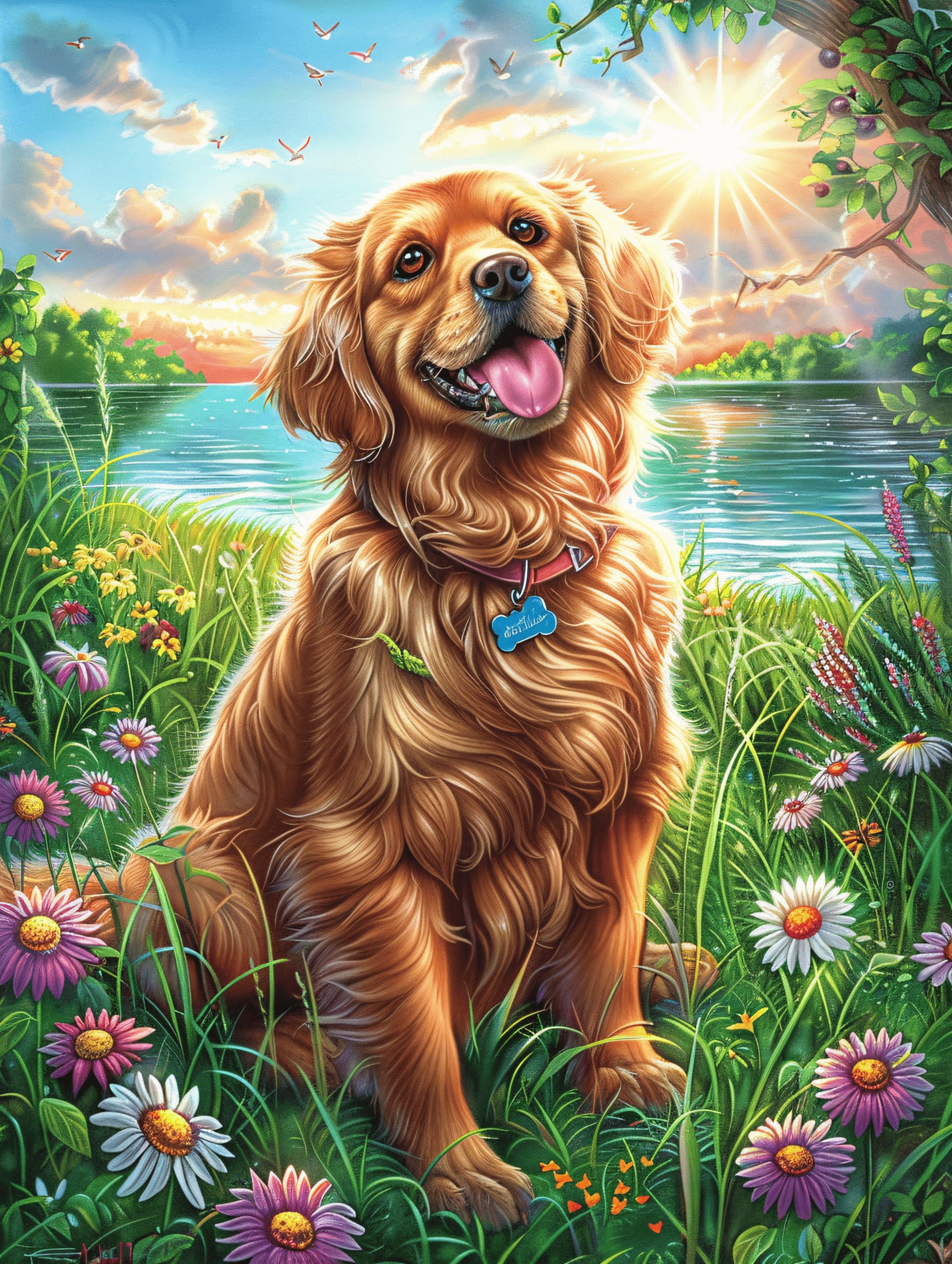 Golden Retriever in Garden 300 Piece Pack DIY Jigsaw Puzzle Wild Animals Fantasy Fairy Tale Collectors Cognitive Development Educational Decorative Puzzle Gifts for Adults Premium Cardboard 300 PCS