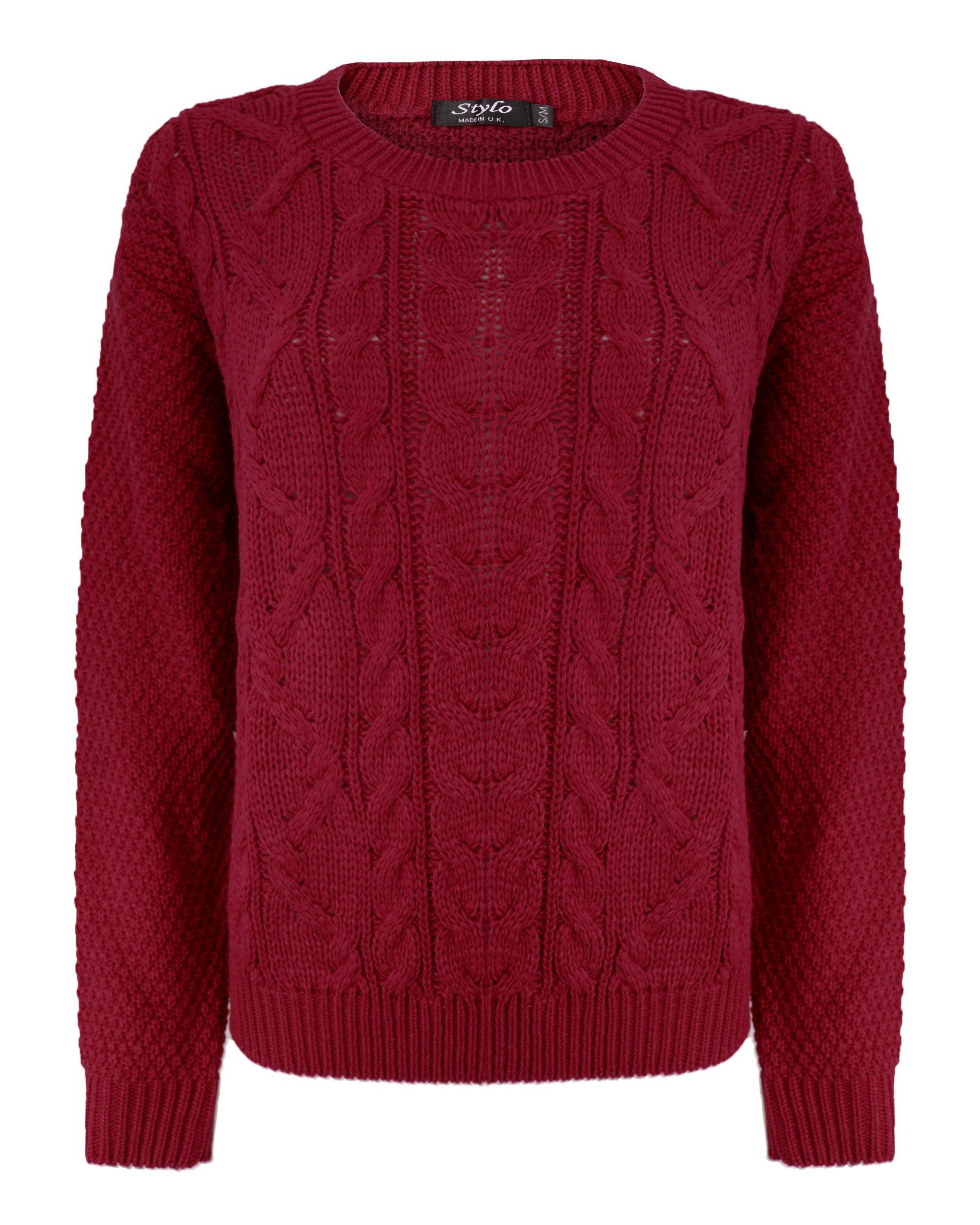 Generation Fashion New Women Ladies Crew Neck Knitted Cable Long Sleeve Warm Chunky Sweater Formal Everyday Casual Knitwear Jumper Tops Pullover[Wine,L-XL]