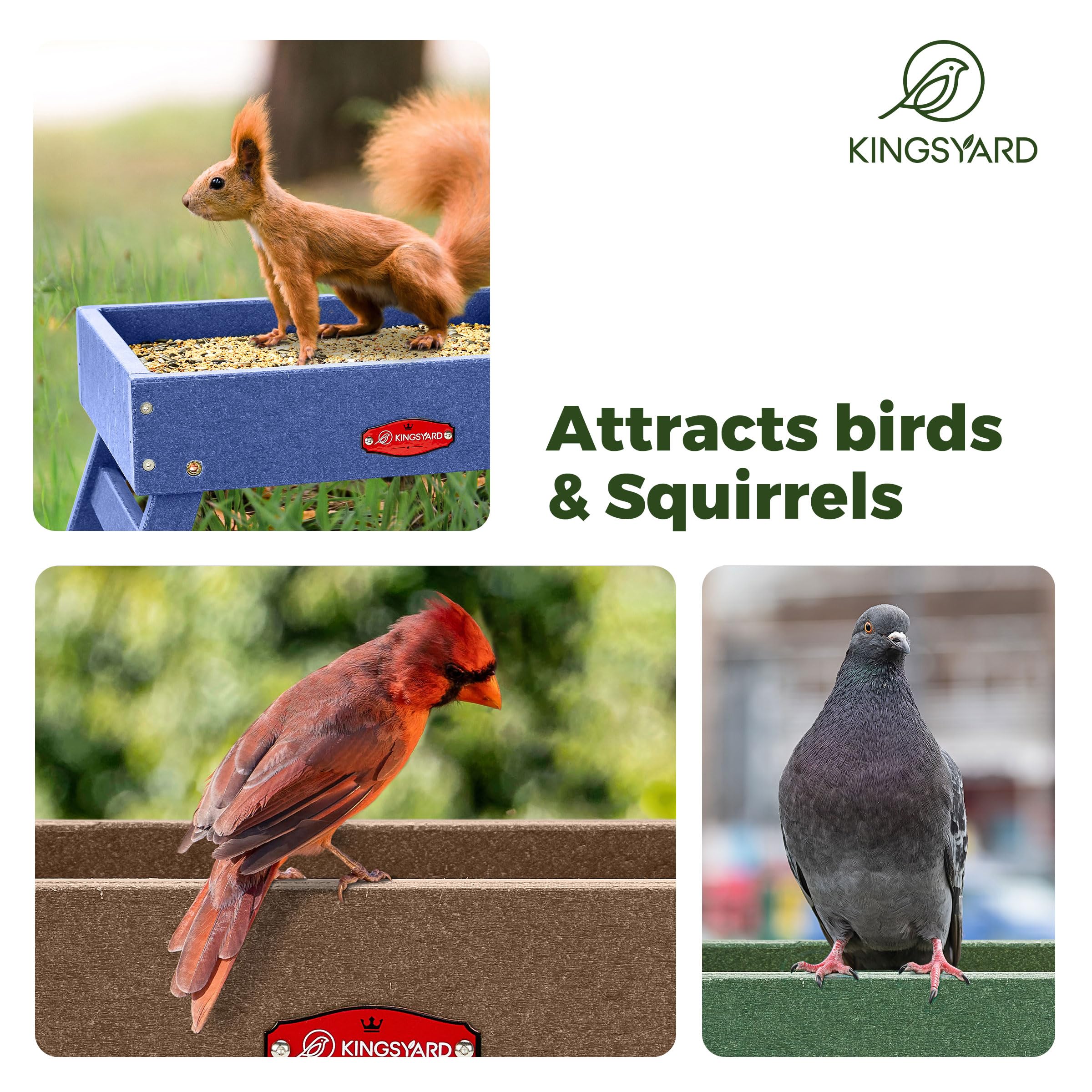 Kingsyard Comedero para pájaros de tierra para exteriores, comedero de plataforma de plástico reciclado para pájaros silvestres, comederos resistentes para ardillas, gran capacidad de 5 libras, color
