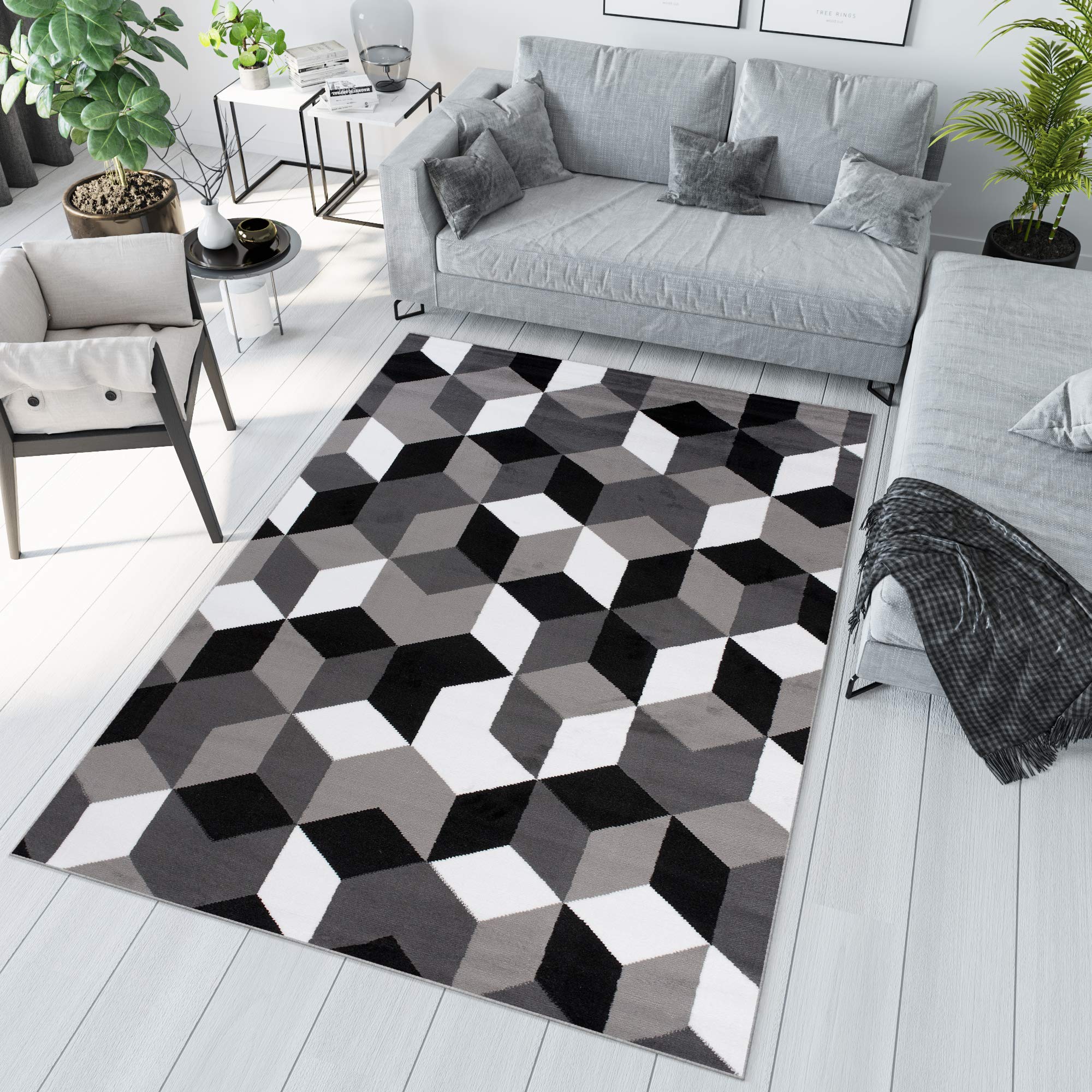 Tapiso Maya dywan z krótkim włosiem, nowoczesny, szary, biały, czarny, geometryczny wzór, do salonu, sypialni, Ökotex 160 x 230 cm
