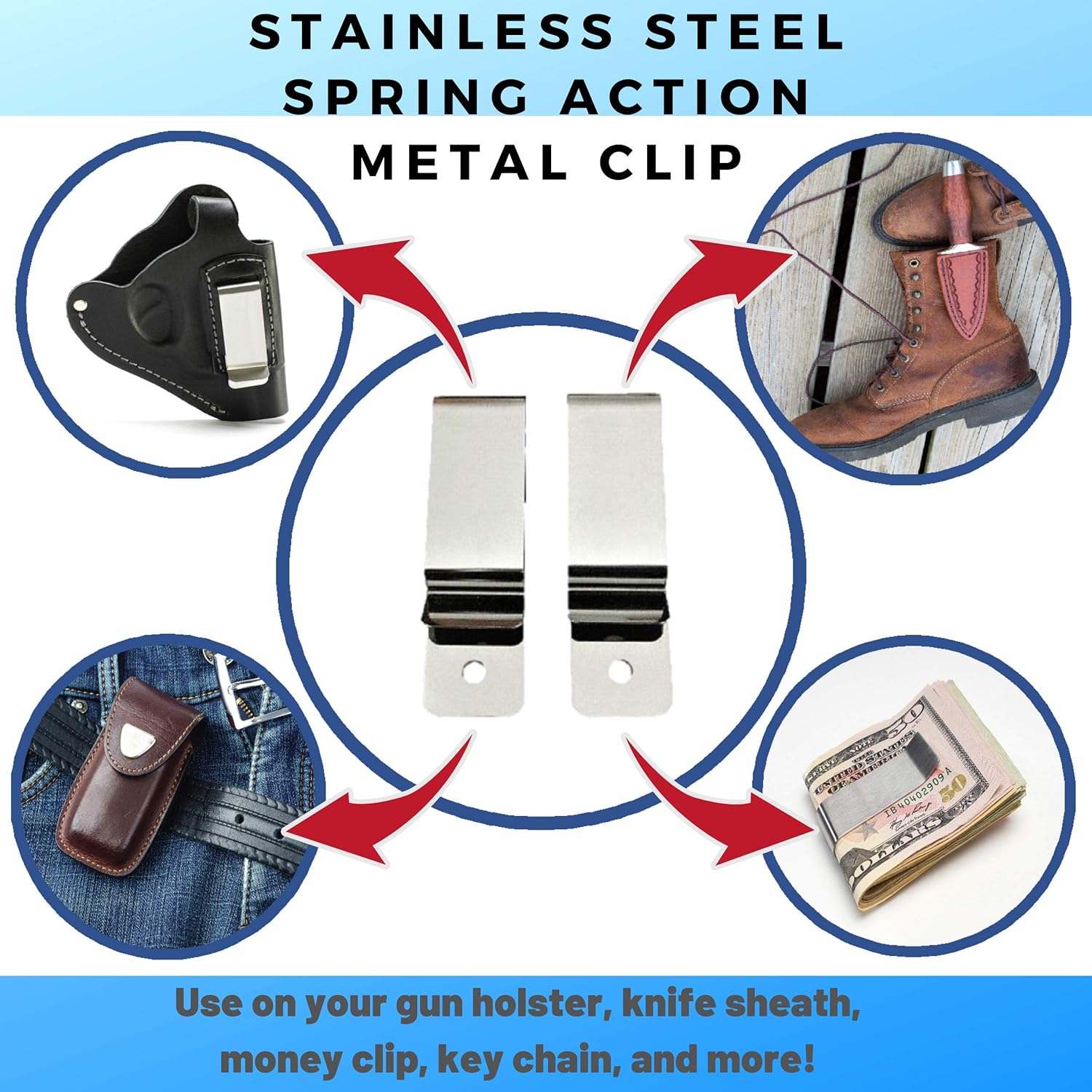 EZ-Xtend Heavy Duty Knife Sheath Clip and DIY Gun Holster Belt Clip - Gun Accessories - Replacement Belt Clip - No Rust Stainless Steel Metal - Sheath Clip, Pocket and Spring Clips