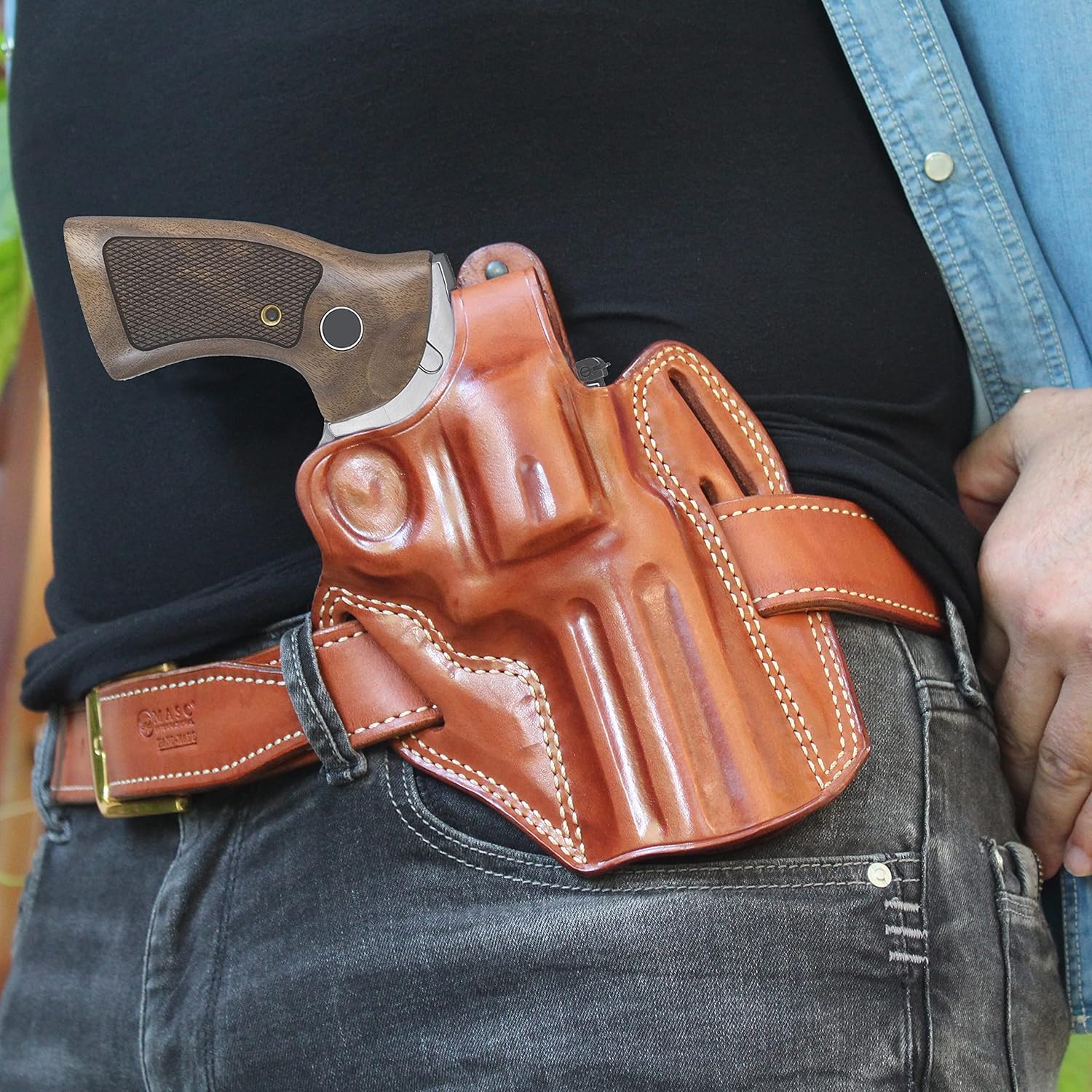 Premium Leather Three Slot OWB Pancake Holster with Thumb Break Fits, GP-100 .357 Magnum 4.2" Barrel, (Please Choose Your Hand Draw) Brown Color #1033#