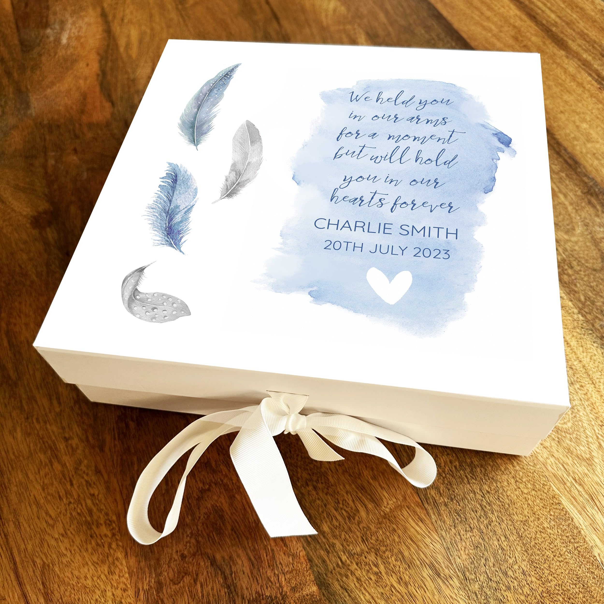 Fingerprint Designs Baby Boy Loss Memorial Blue Feather Miscarriage Square Memory Keepsake Box - Special memorial Keepsake Trinket In Loving Memory Personalised Gift Box