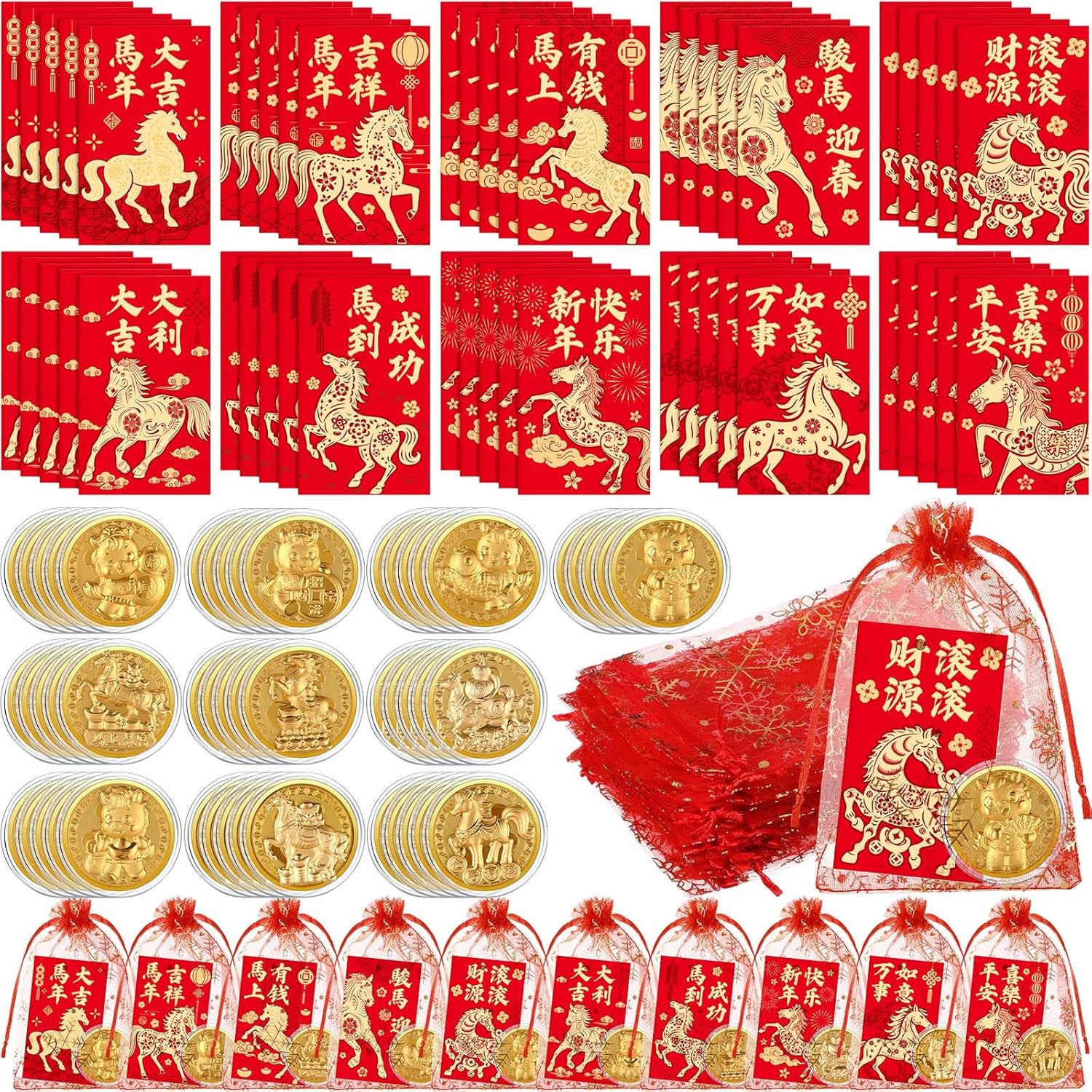 Junkin 50 Set Chinese New Year Gift Horse Lucky Coins Red Commemorative Cards 2026 Lunar New Year Gift Feng Shui Red Packet Lucky Contains Chinese Feng Shui Coins with Bag (Fresh Horse Style)