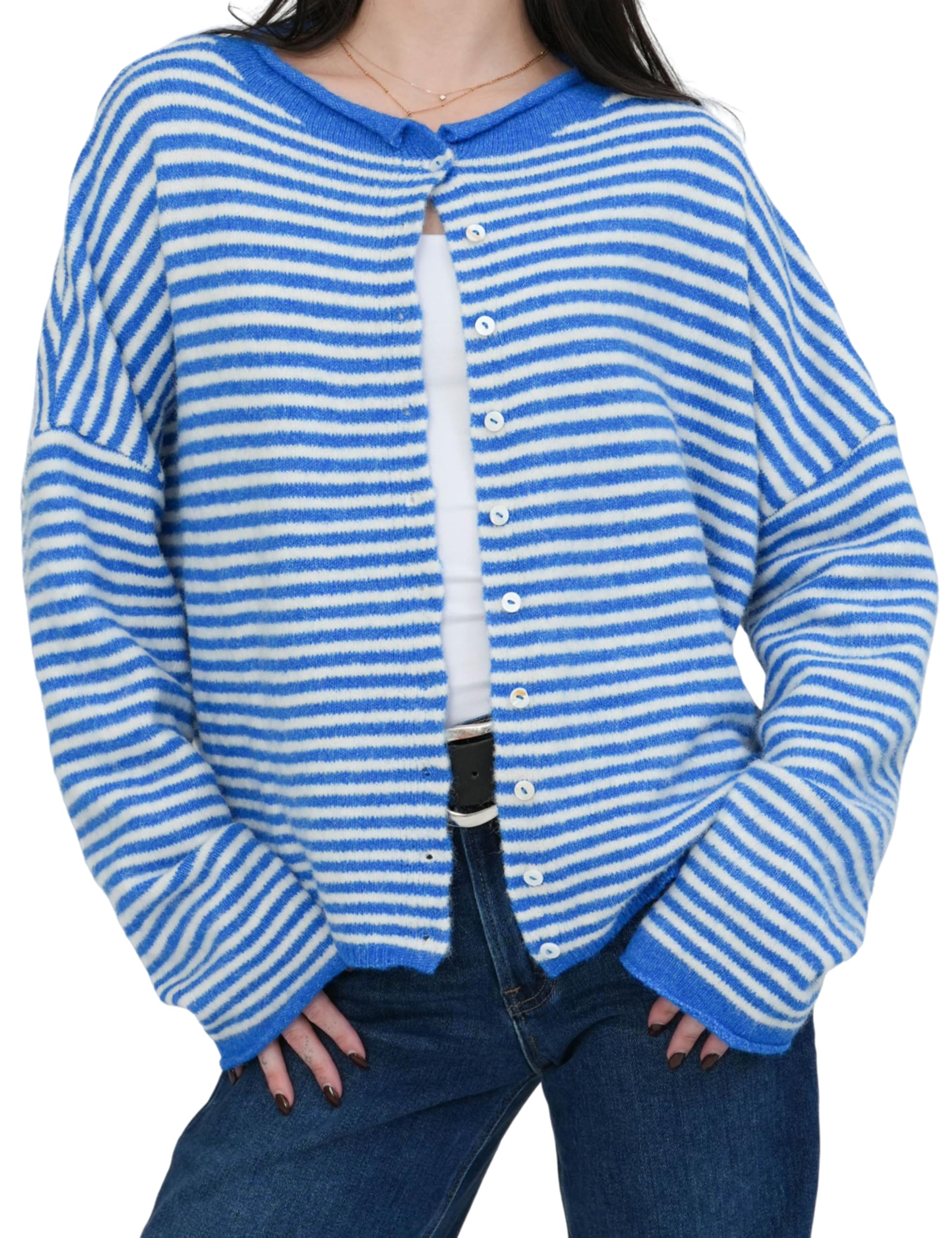 Womens Striped Cardigan Long Sleeve Open Front Button Down Lightweight Sweaters