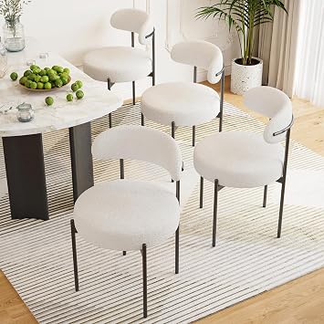 Farini Dining Chairs Set of 4,Mid-Century Modern Kitchen Chair Curved Backrest Round Upholstered Sherpa Dining Chairs with Metal Legs,Beige