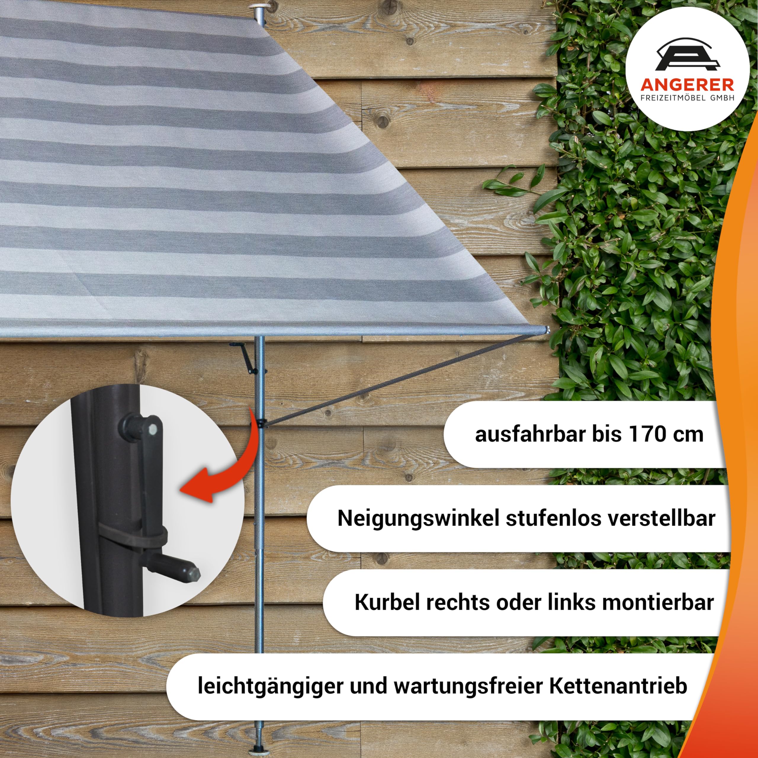 Angerer Store banne Manuel rétractable auvent téléscopique sans perçage, Inclinaison et Hauteur réglable, Rayures Gris foncé, 400 cm