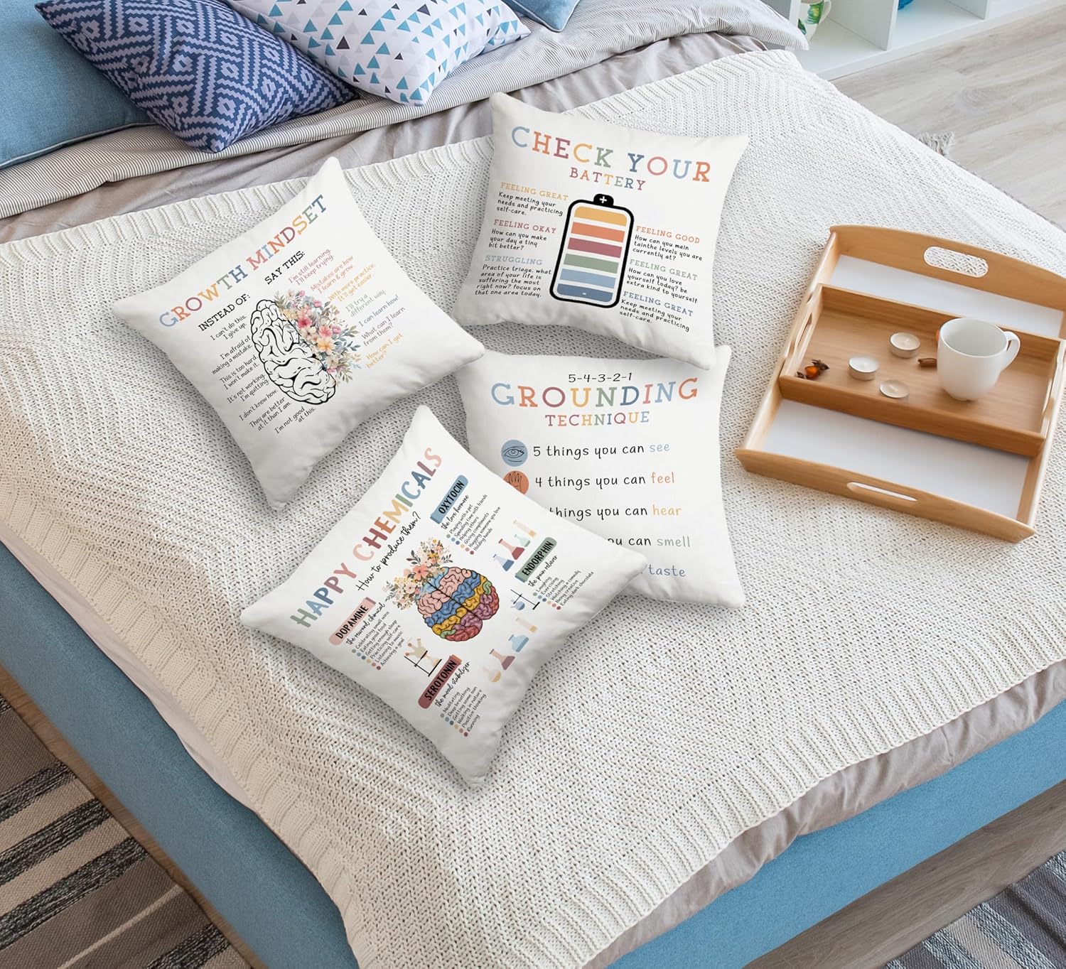 huester Boho Mental Health Pillow Covers 18x18, Therapy Office Decor, Growth Mindset Decorative Throw Pillow Cover Pillowcases for Classroom School Counselor Counseling Office Decor, Set of 4