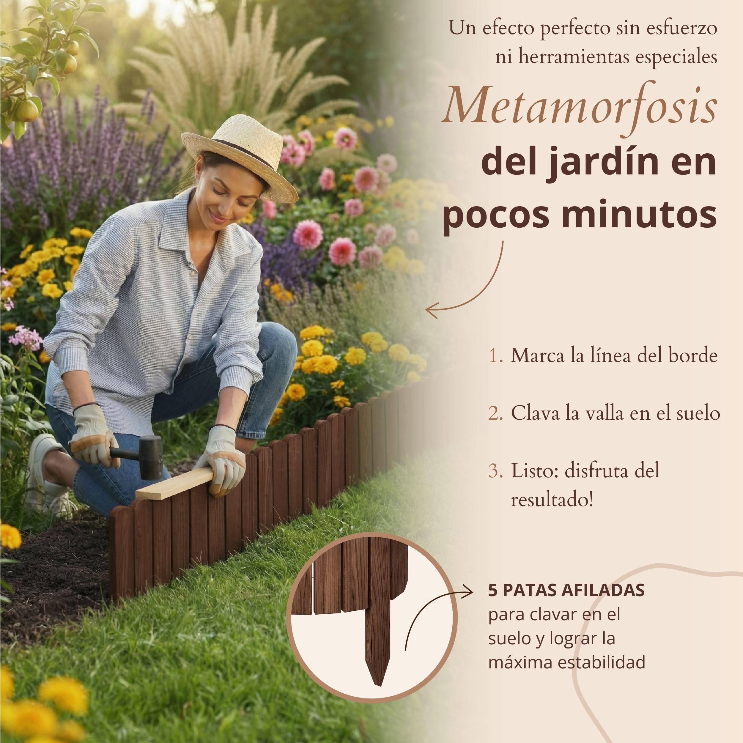 Floranica bordura para jardín 40 x 200 cm marrón Borde césped Valla de jardín Valla de Madera bordura Flexible en Rollo
