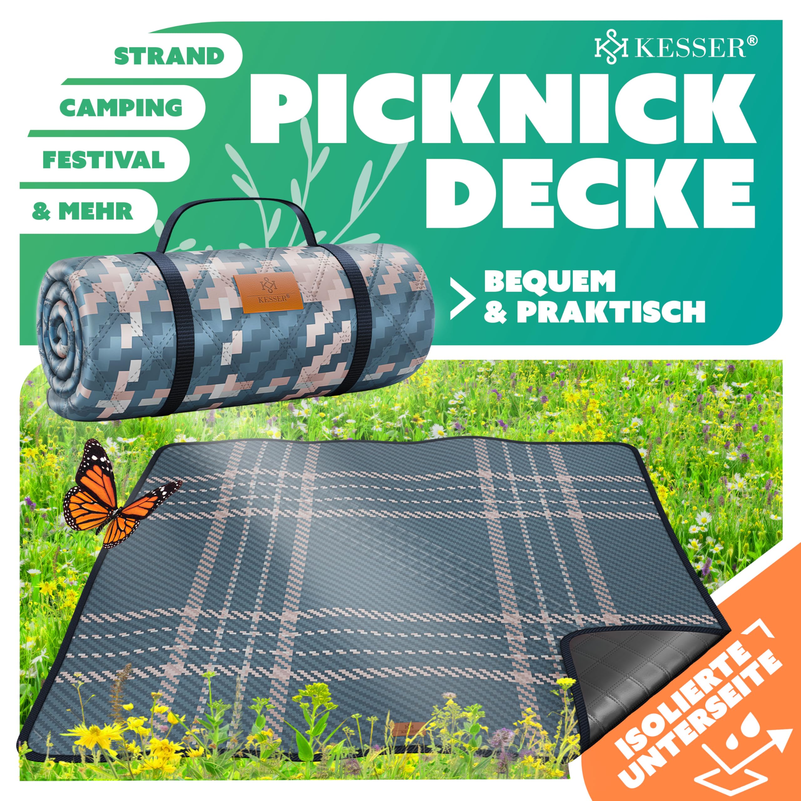 Coperta Da Picnic XXL KESSER 200x200 Cm - Impermeabile, Termica E Pieghevole Con Maniglia (Spiaggia E Campeggio) - Foto 3