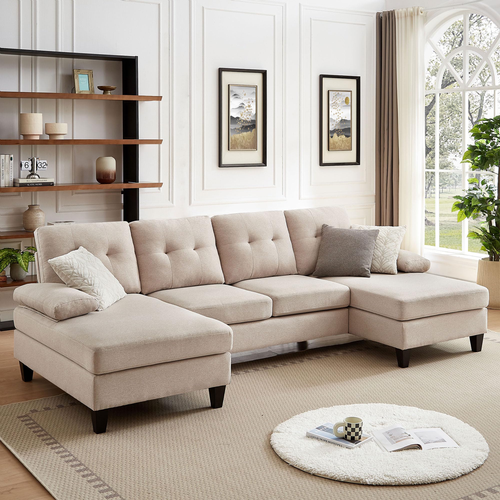 sectional couch for living room, modern linen fibre u shaped sofa couches with double chaise, upholstered 4 seater sofa for living room, apartment, office, beige (armless seat only)
