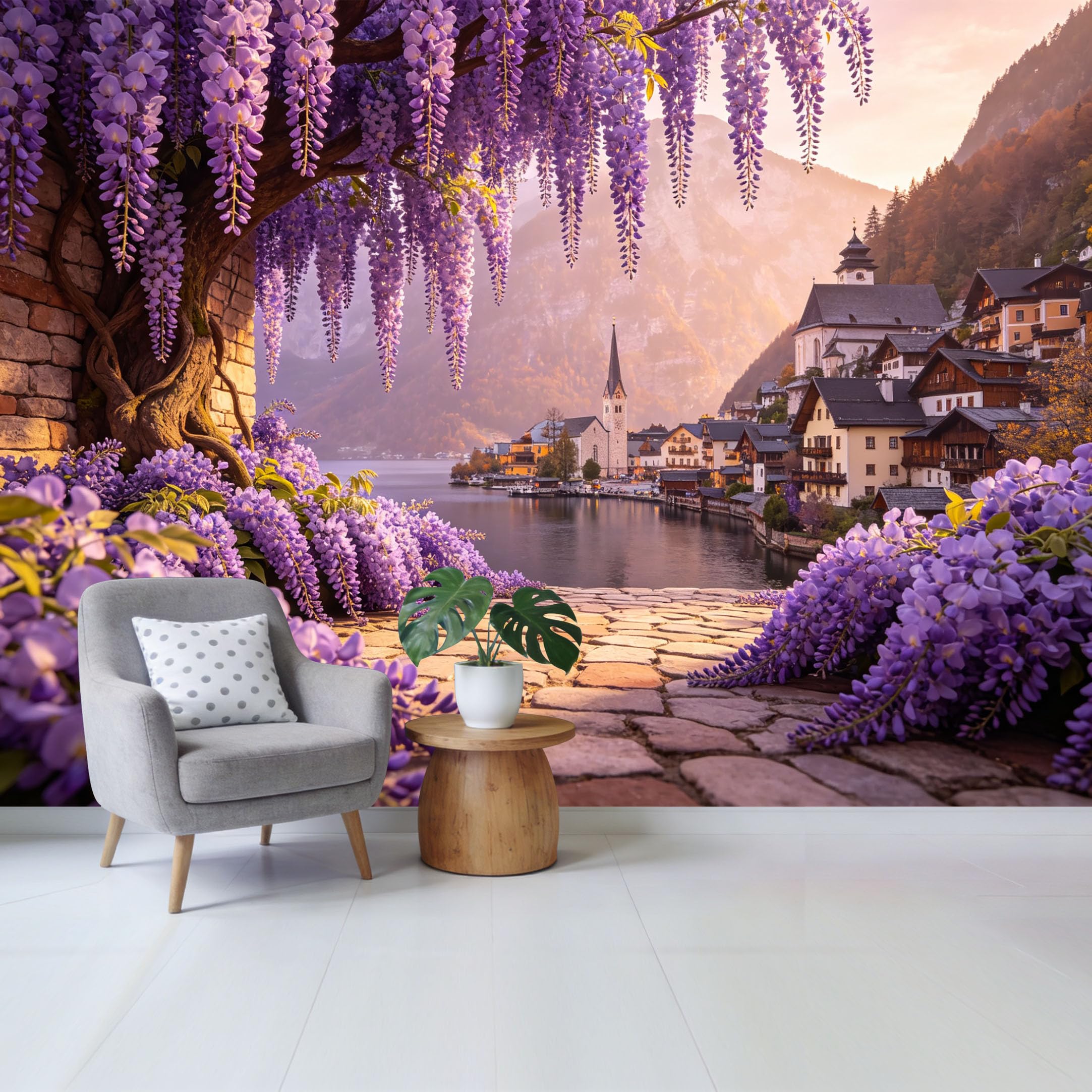 Qzlithotic Yq2605250303 Custom Size Wall Mural Wisteria Flower Bloom Mountain Lake Village Landscape 3D Trompe L'oeil Selfadhesive Wall Fabric Removable Wallpaper For Home Office Decor
