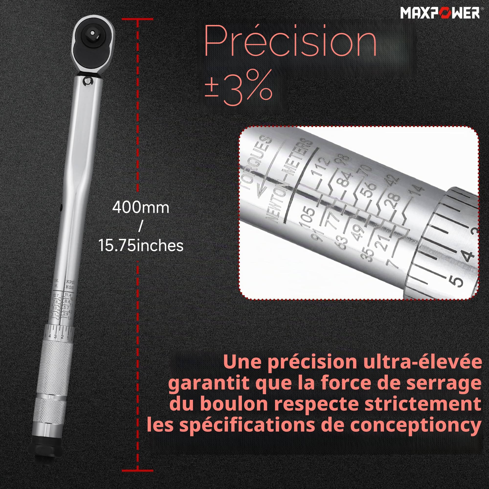 MAXPOWER Clé dynamométrique 3/8", plage de couple 7 à 112 Nm, précision ± 3 % (chromé)