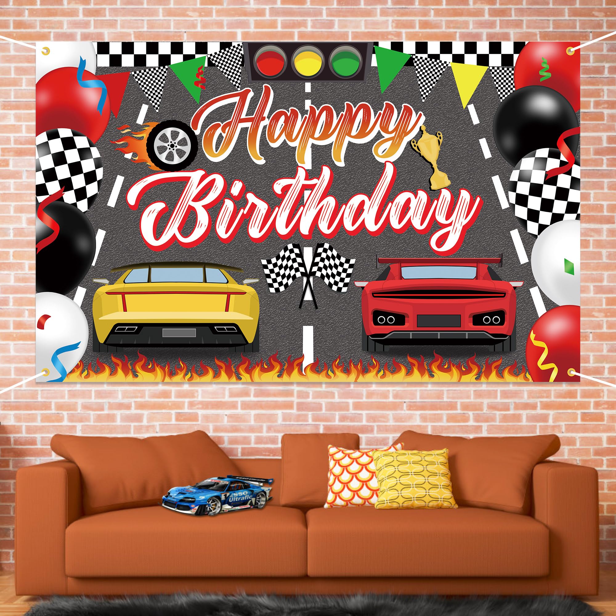 Samochody wyścigowe Happy Birthday Dekoracje Tło Baner, Samochód Wyścigowy Szybkie Dekoracje Na Imprezę Urodzinową Tło Zdjęcie Tło na Przyjęcie Urodzinowe Chłopcy Dzieci Mężczyźni Uroczystość, 150 x