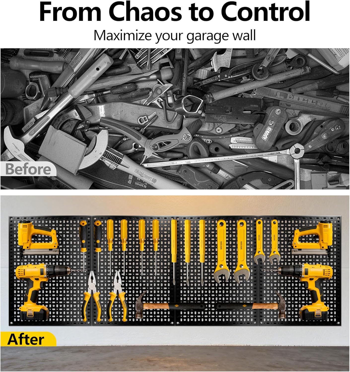 Metal Pegboard Panels 4 Pack - 12x16 Inch Black Peg Boards for Wall, Heavy Duty Steel Pegboard Wall Organizer, Tool Storage System for Garage, Workshop, Office, Kitchen, Craft Room Organization