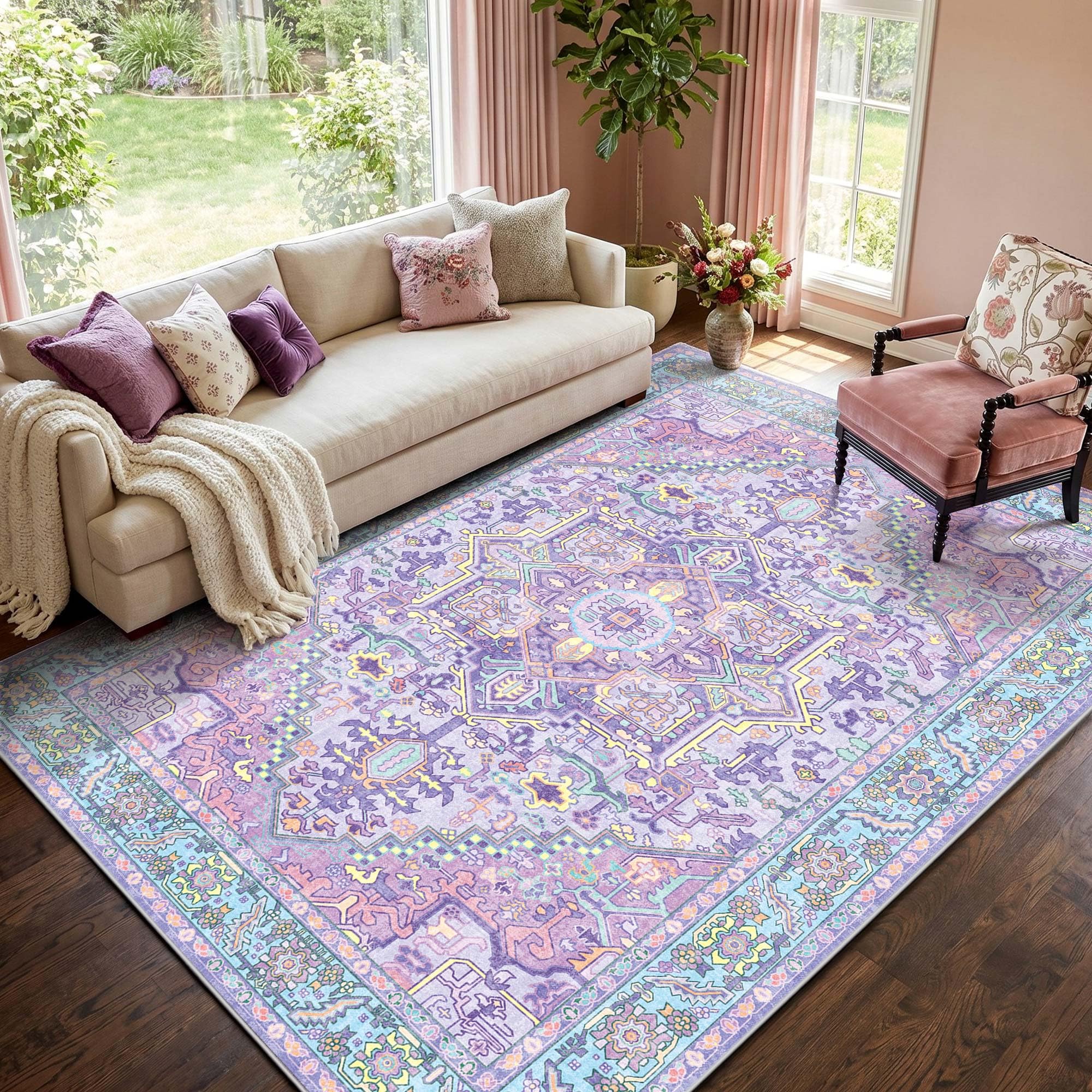 8x10 Lavender and Turquoise Vintage Boho Oriental Soft Washable Area Rug